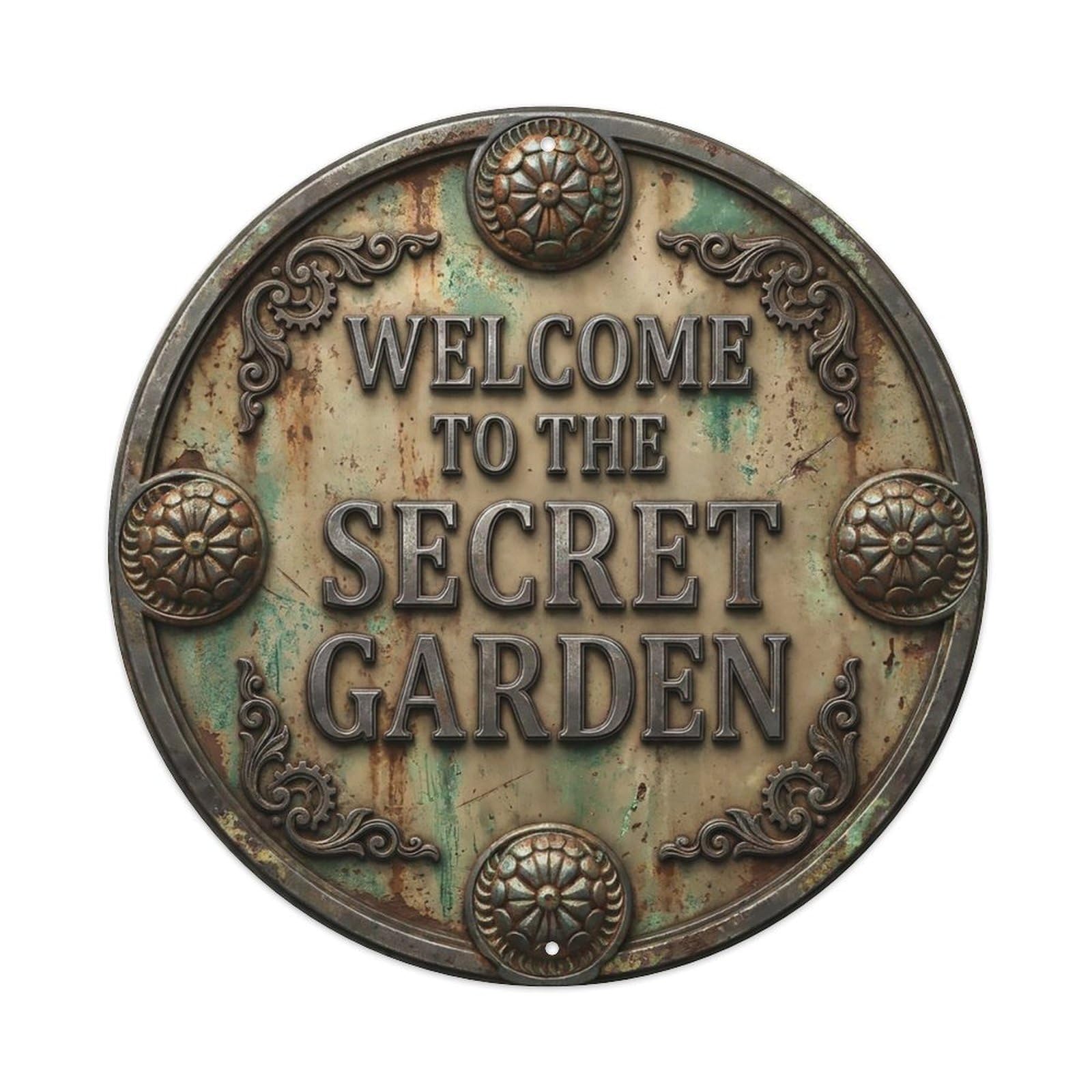 Vintage Welcome Secret Garden Darkgrey Beige Carved Metal Tin Sign