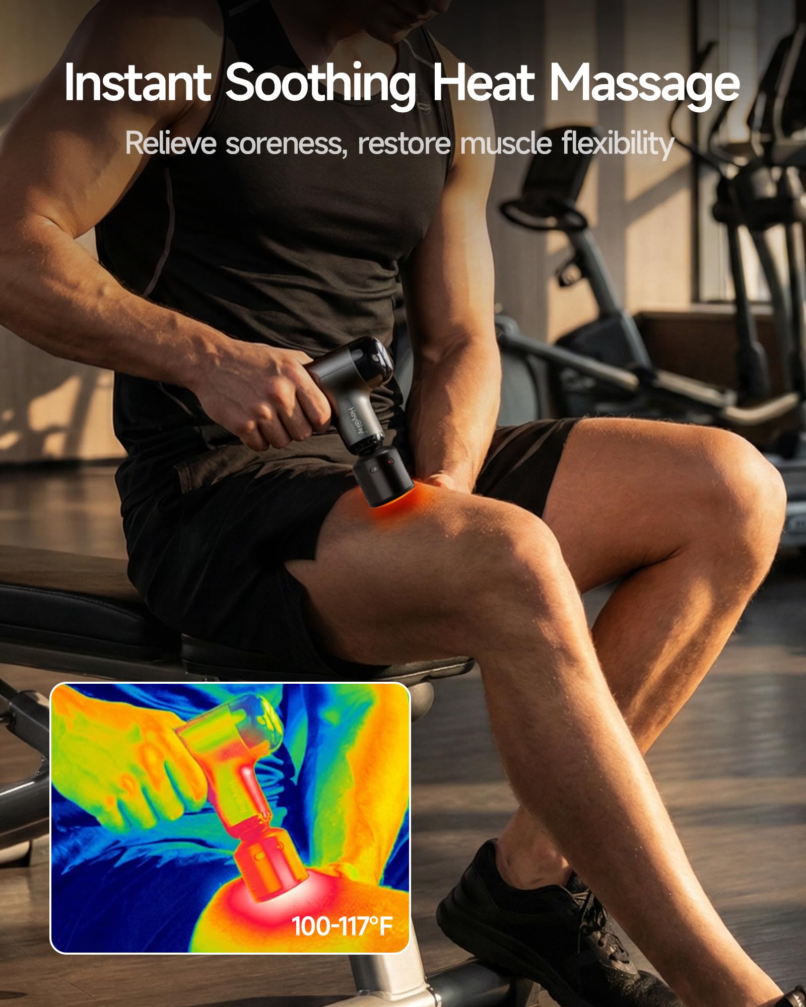 HEYCHY Mini pistola de masaje con calor y frío, masajeador muscular de percusión portátil con 4 cabezales de masaje para deportistas