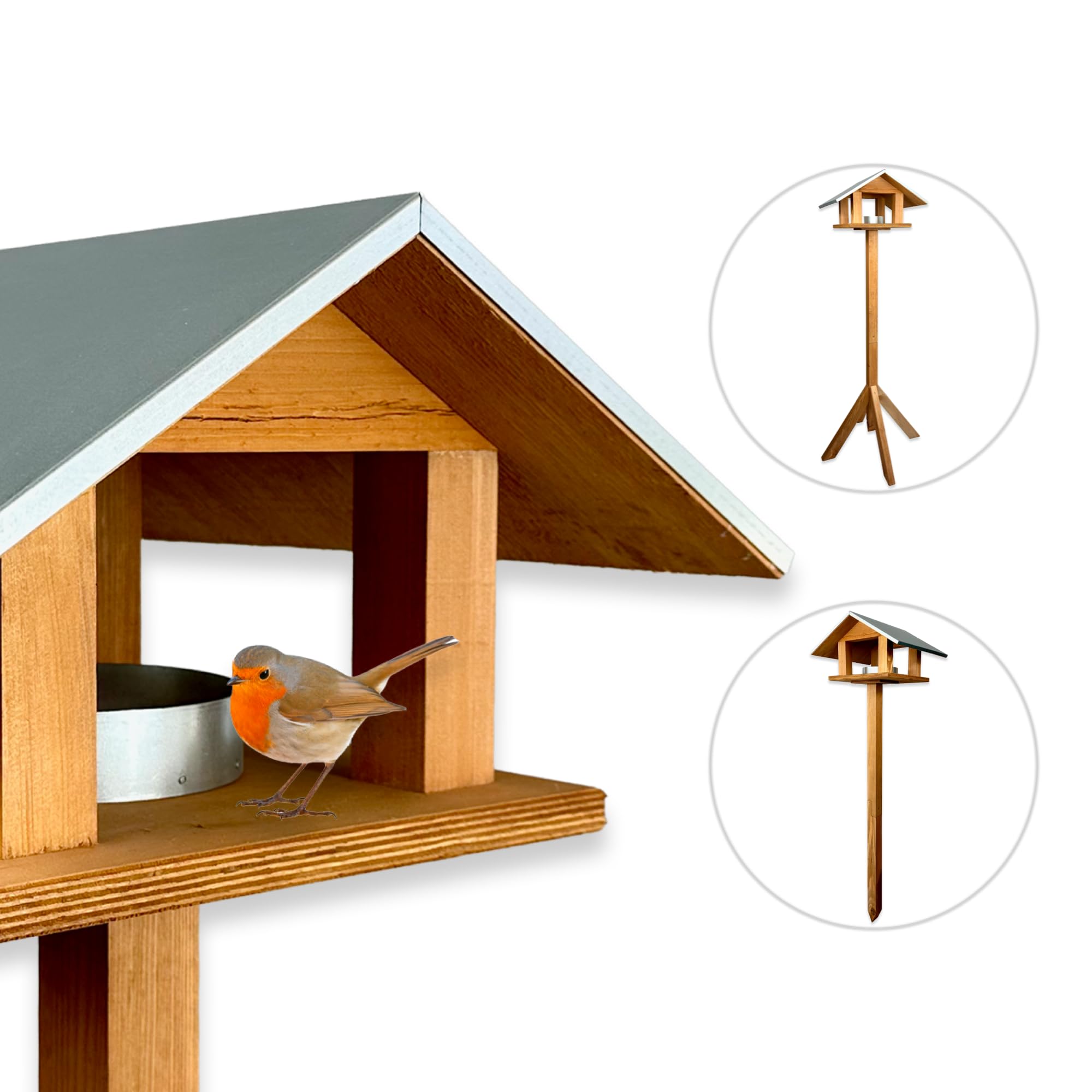 GARTENETAGE Vogelwunder mit Metalldach – Premium Vogelhaus aus Kiefernholz, wetterfest & hygienisch, mit herausnehmbarer Futterstelle, 2-in-1 Ständer, ideal für Wildvögel im Garten