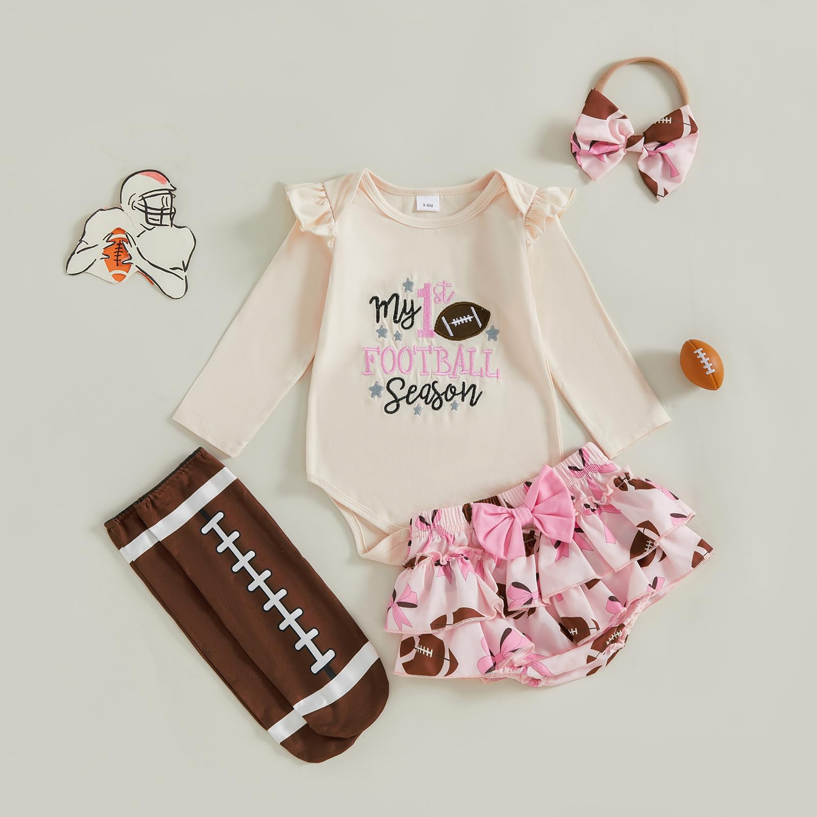 KKCVMOMOQ Baby Girl Football Outfit Newborn My 1st Football Season Long Sleeve Romper Shorts 4Pcs Set Infant Fall Clothes (Pink, 6-12 Months)