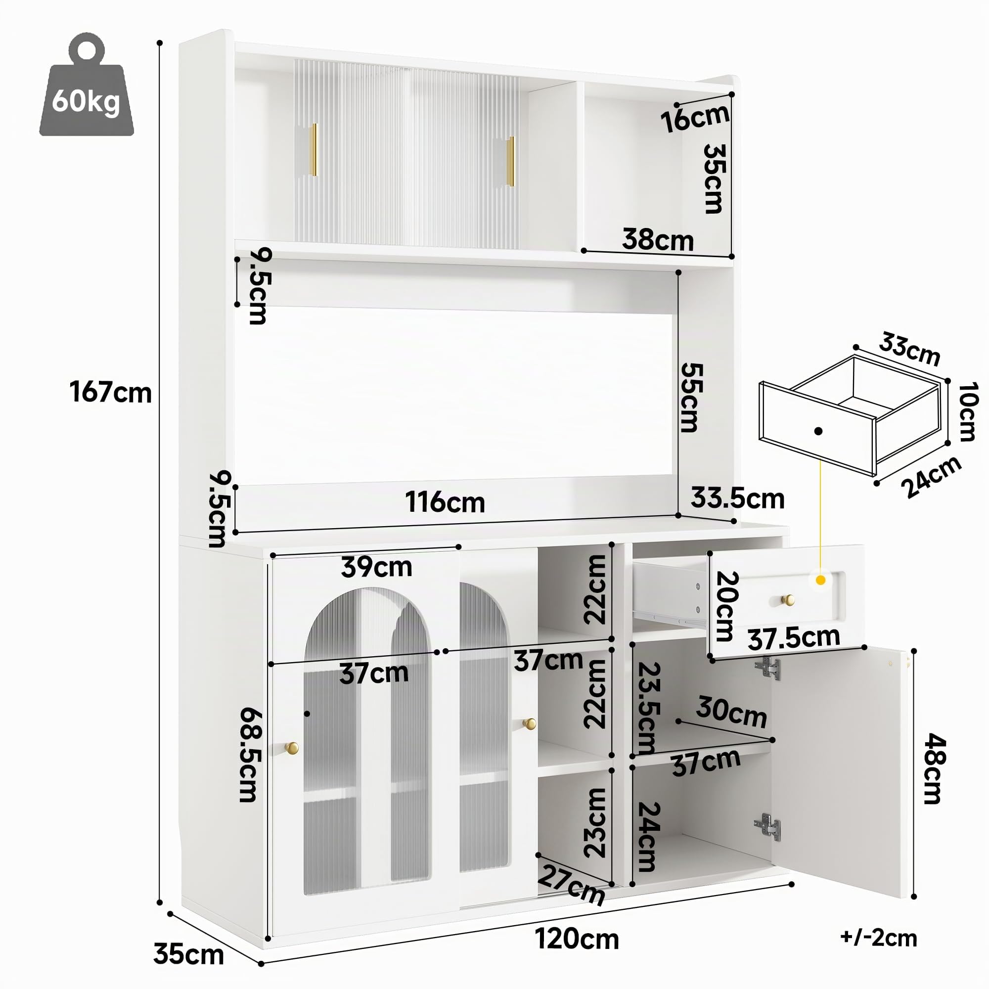 Küchenschrank mit Verstellbaren Ablagen und LED-Beleuchtung, Buffetschrank Hochschrank mit Türen und Schubladen, Küchenschränke mit Arbeitsplatte, Küchenmöbel, Weiß, 120×35×167 cm