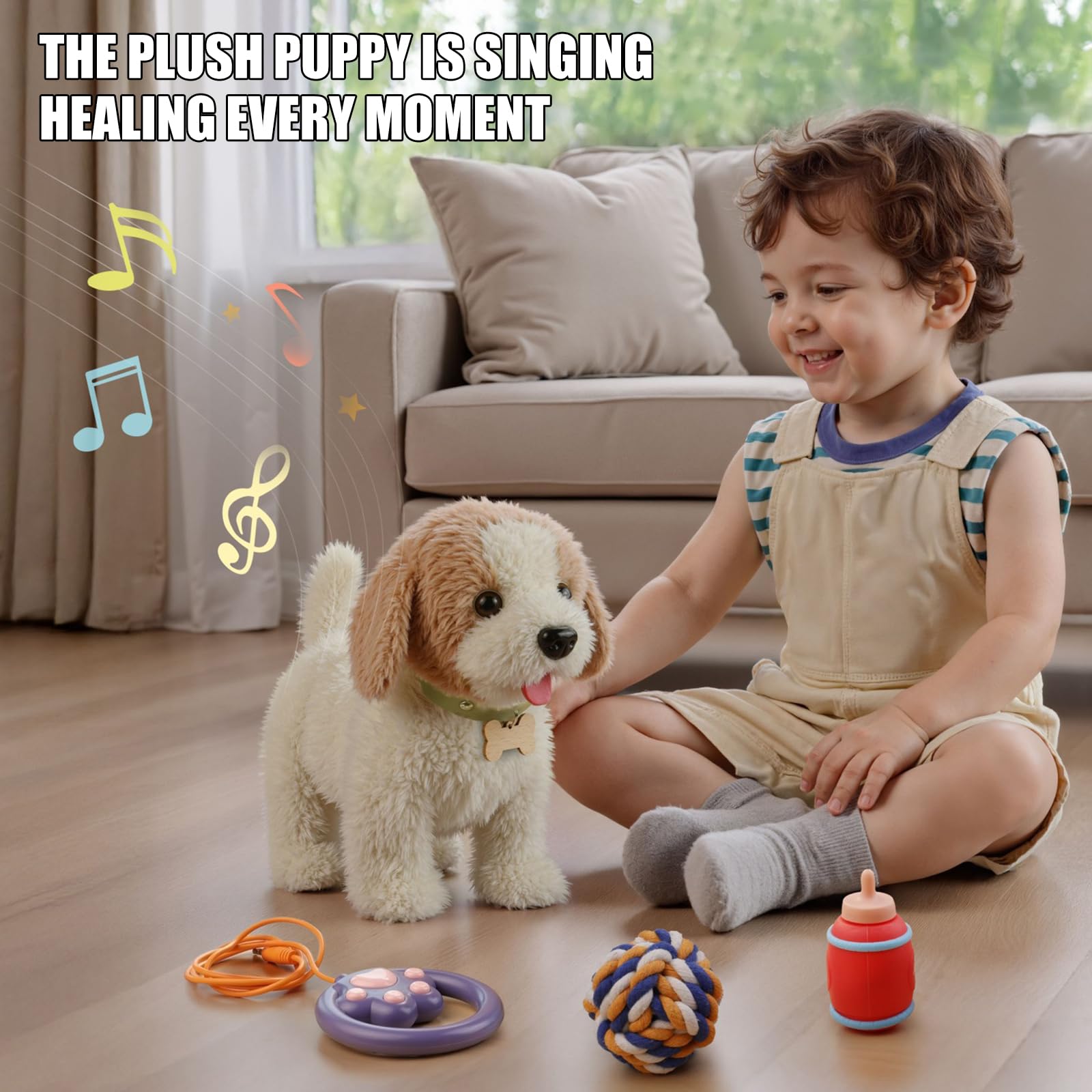 Cane giocattolo elettrico realistico che canta con suoni che simula comportamenti come camminare, telecomando, accessori inclusi