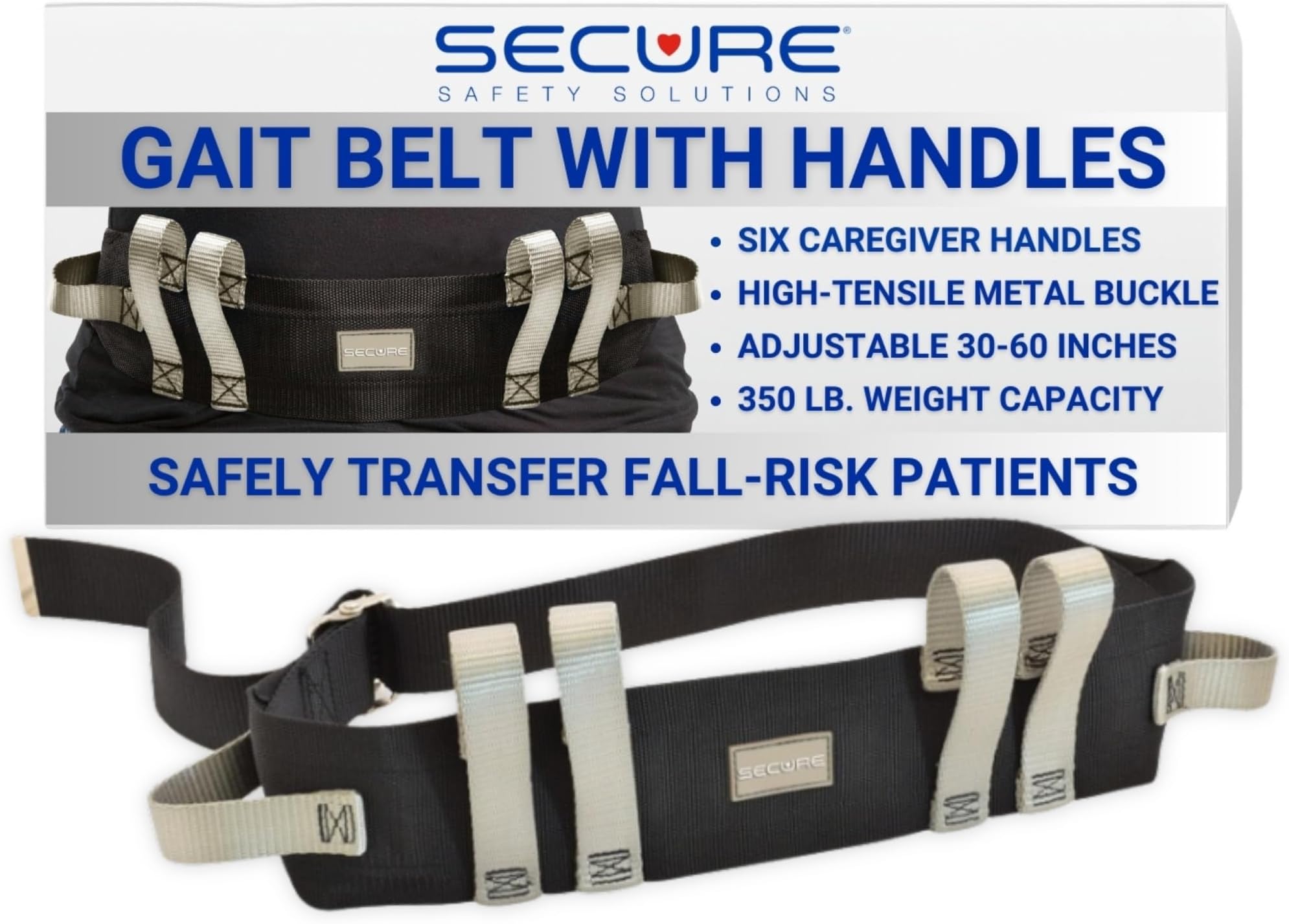 Secure Safety Solutions Gait Belt for Seniors with 6 Handles and Metal Buckle, 60 Inch - Transfer and Walking Medical Standing Assist for Elderly Patient, Bariatric, Occupational & Physical Therapy