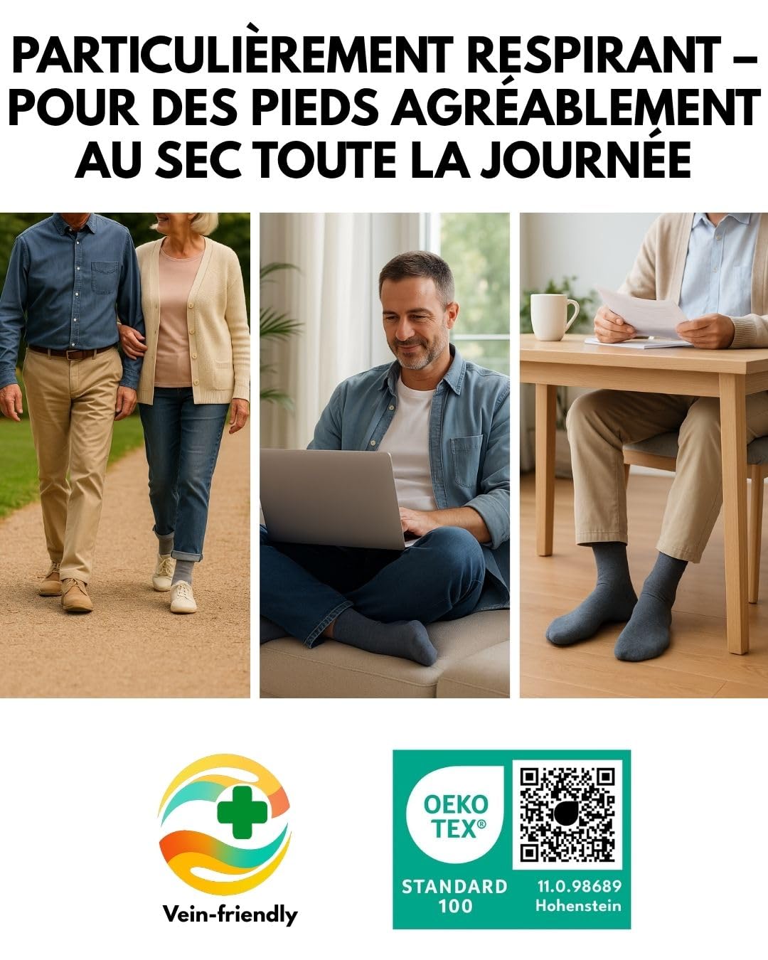 Lot de 6 Paires de Chaussettes Diabetiques Homme Femme 97% Coton sans Elastique & sans Couture