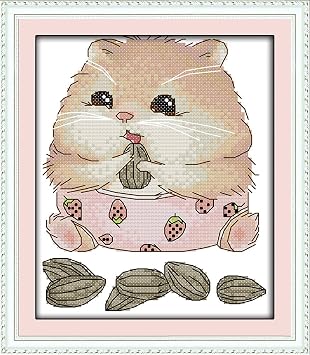 Abillyn Embroidery Cross Stitch Kits Hamster Eating Sunflower Seeds Stamped with Printed Pattern Starter Kit Hamster