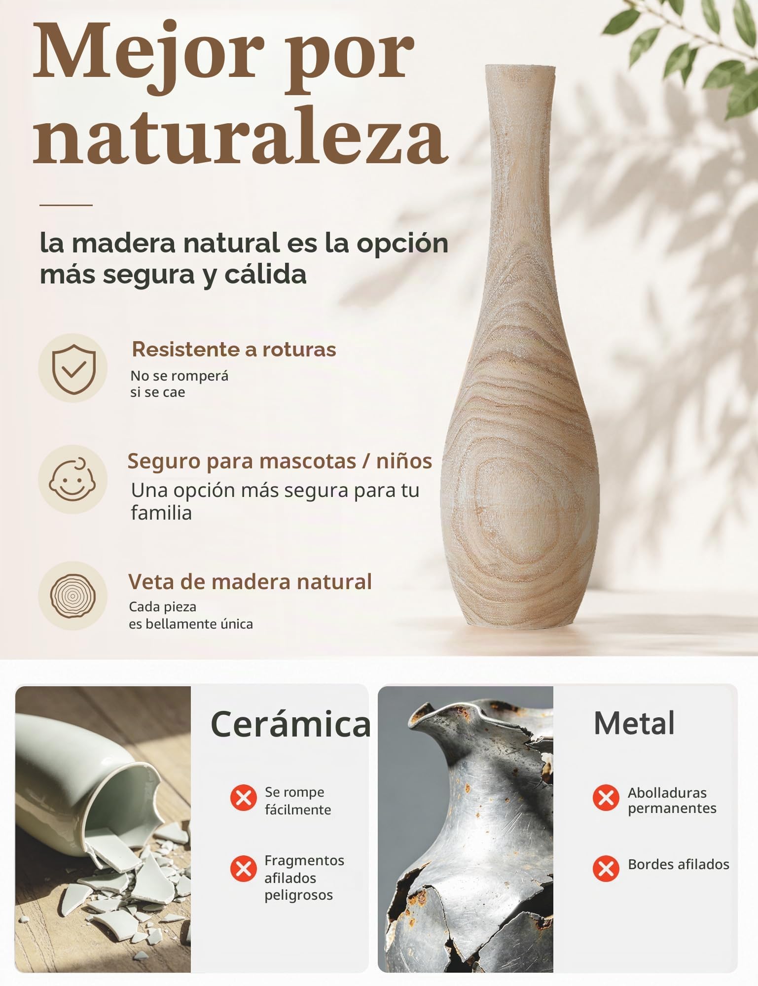 Hanobe Jarrón de Suelo para decoración del hogar: jarrones Decorativos de Madera de 22 Pulgadas de Alto para Sala de Estar, Gran jarrón rústico Bohemio para Mesa de Comedor, centros de Mesa,