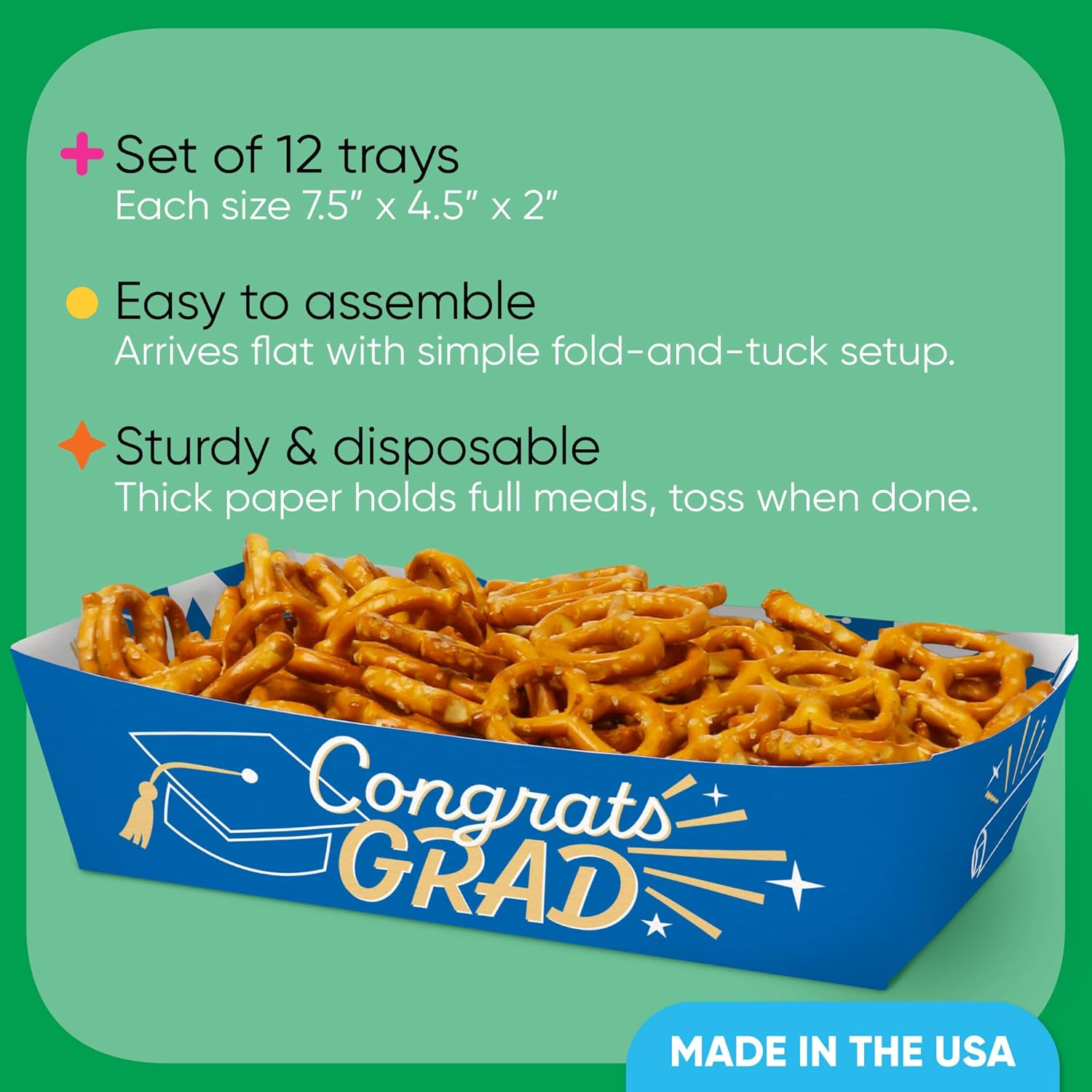 Big Dot of Happiness Graduation Paper Food Trays, Disposable Food Boats for Congrats Grad Party, Double-Sided Paper Meal Holders for Nachos, Hot Dogs, Snacks - 12 Ct (Blue)