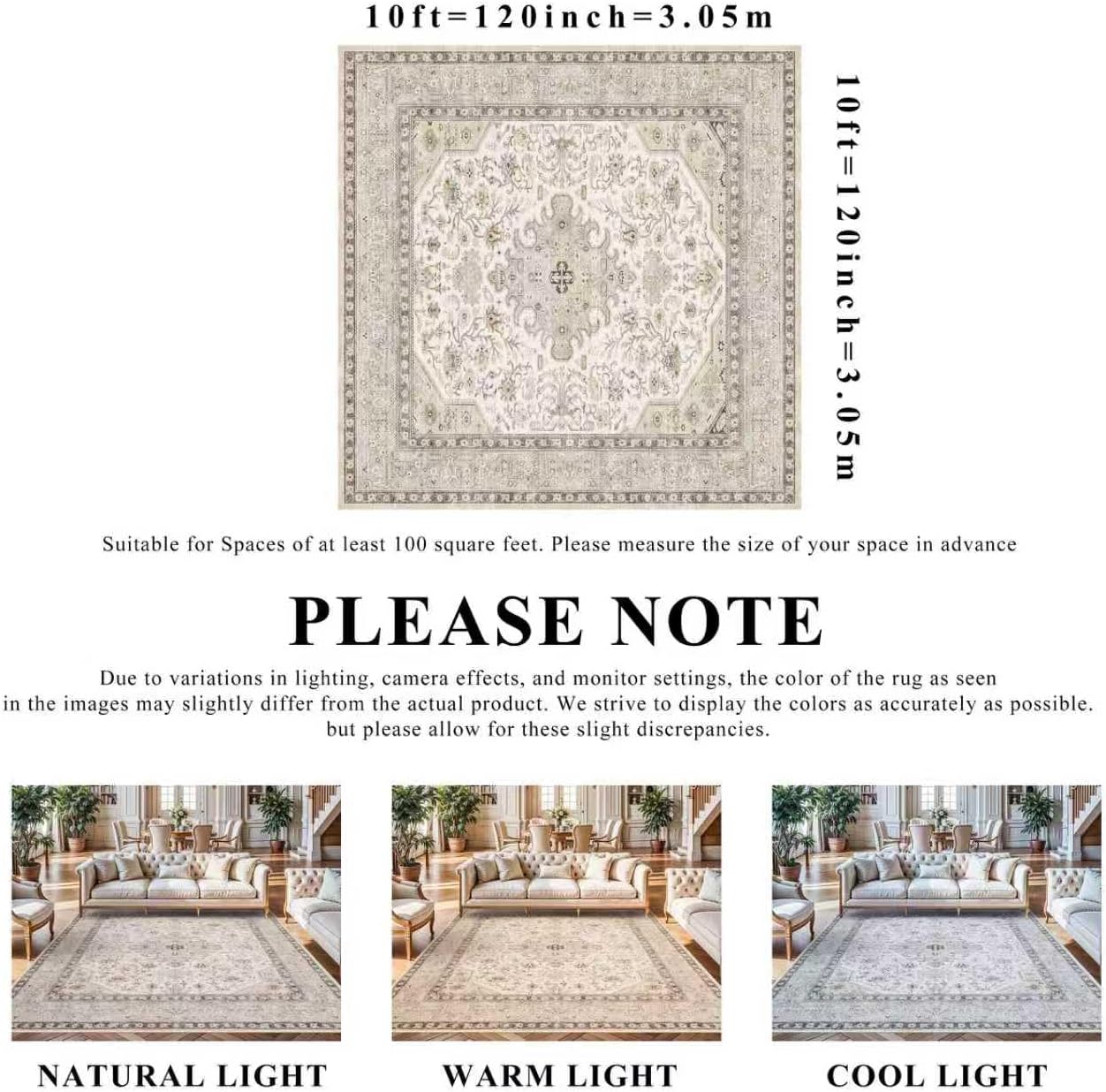 10x10 Rug Square Living Room, Bedroom Washable 10ft Square Soft Distressed Oriental Area Rugs Non Slip Backing Farmhouse Rug Low Pile Thin Stain Resistant Indoor Carpets, 10ft Ivory/Multi 10' x 10' (Square) Ivory