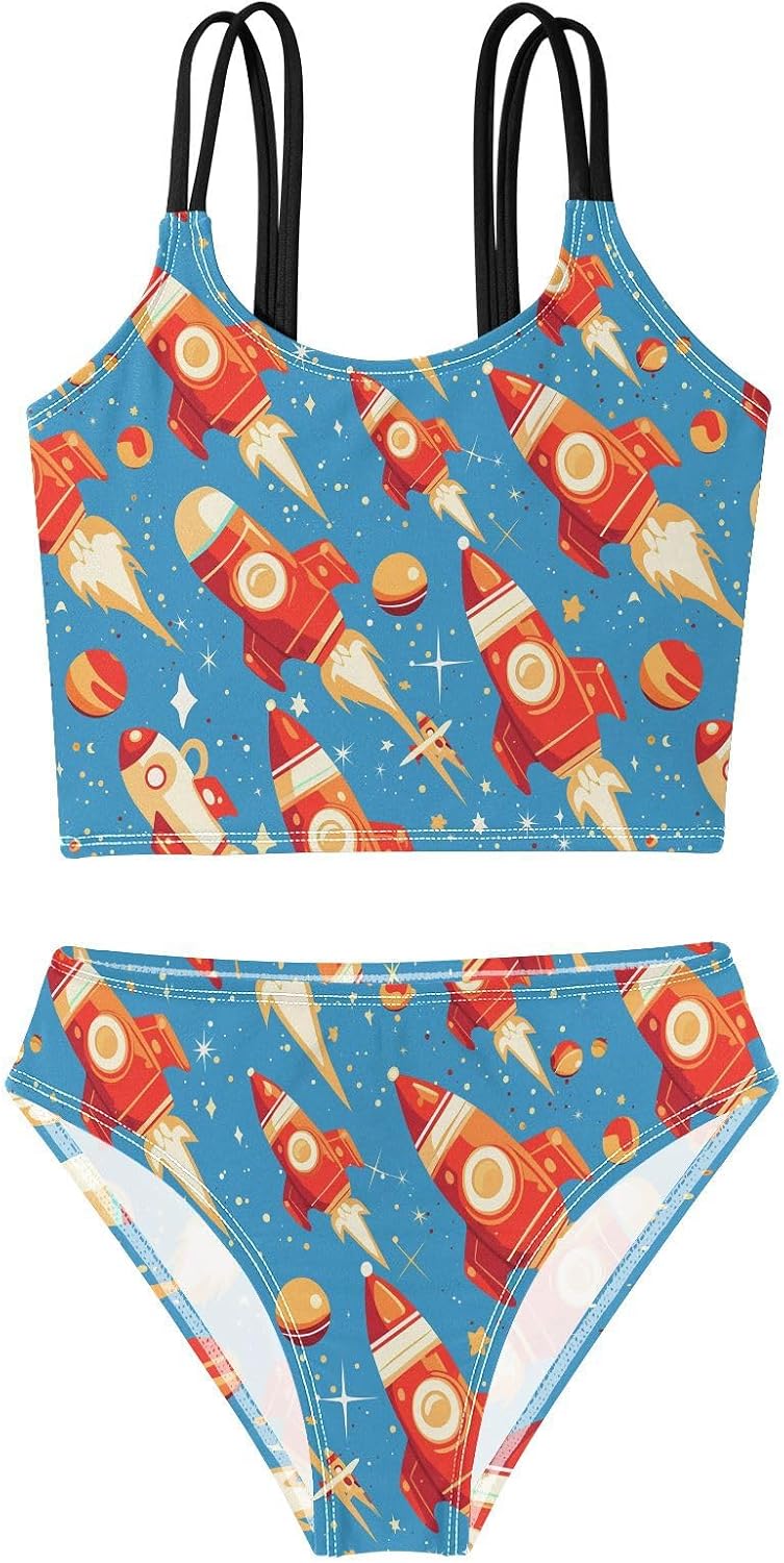 visesunny Girls Two Piece Swimsuits Cartoon Style Rocket Girl's Bikini Sets Bathing Suits for Girls Size 5-12Y