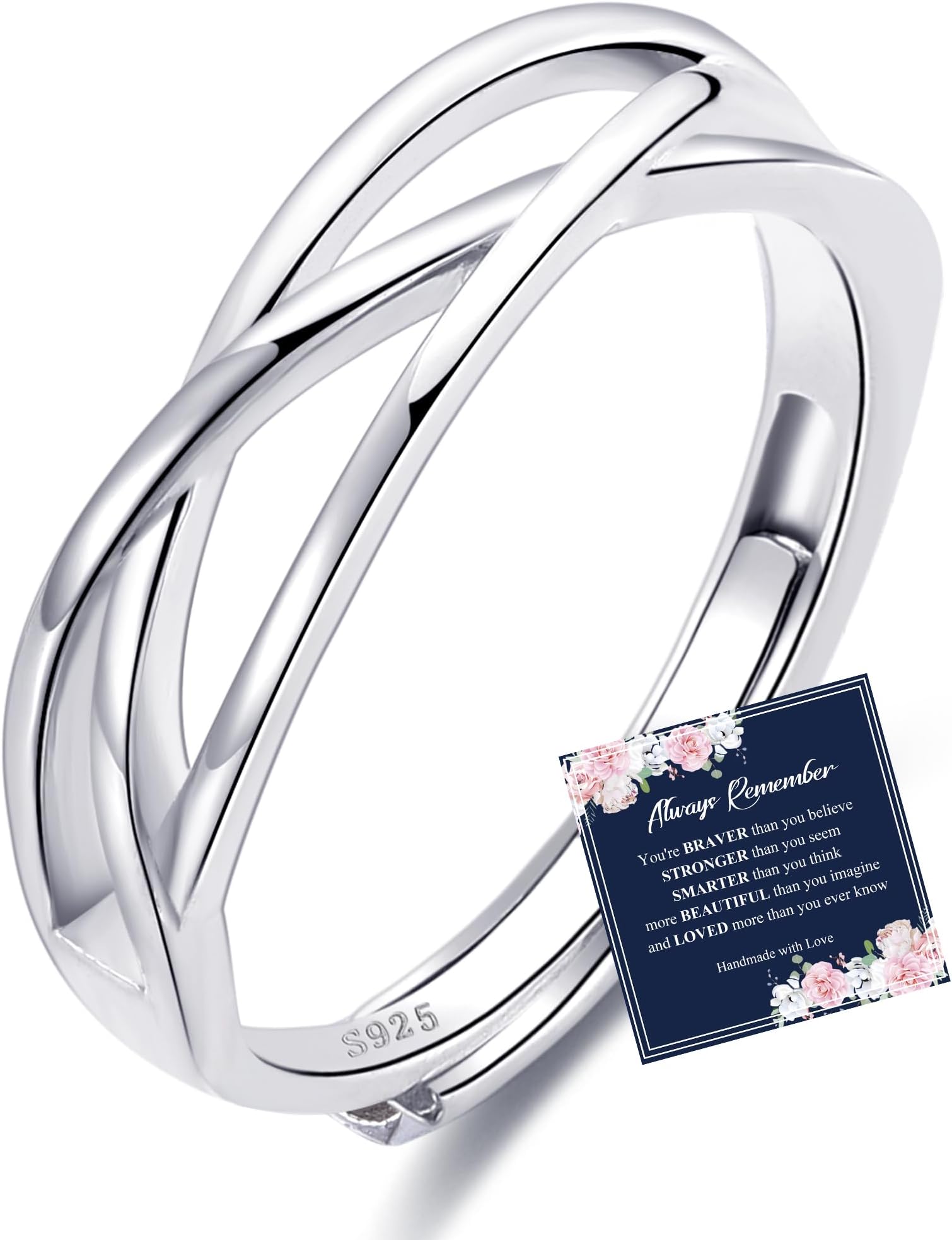 Sterling Silver Thumb Rings for Women S925 Silver Rings Cubic Zirconia Eternity Ring Minimalist Silver Ring Adjustable Open Ring for Girl With Inspirational Card