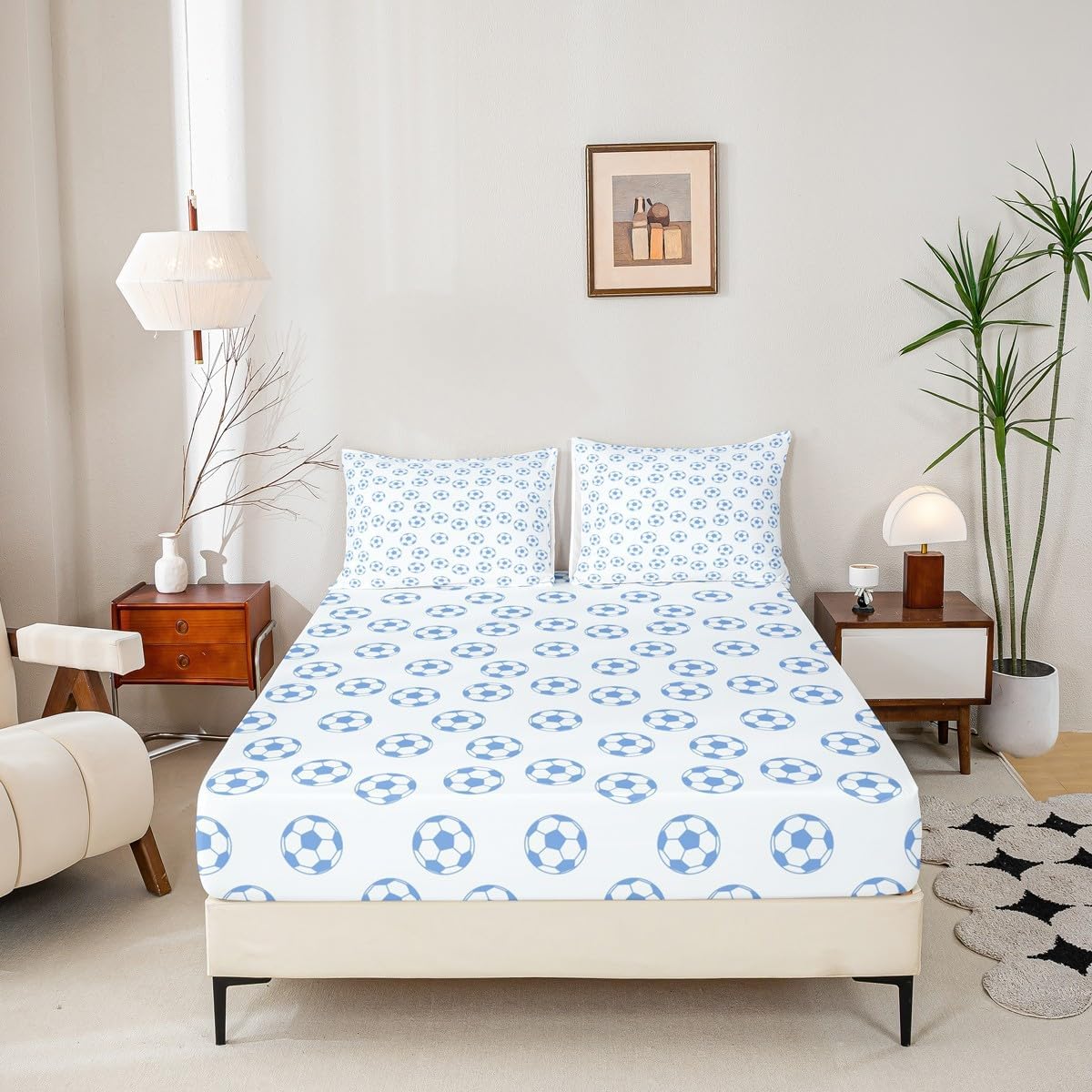 Manfei Soccer Bed Sheets Twin Size,Ball Sport Rugby Activity Easy Wash Bedding Set,Game Geometric Honeycomb Modern Kids Room Decor,White and Baby Blue Sheet(Fitted+Flat+1 Pillowcase)