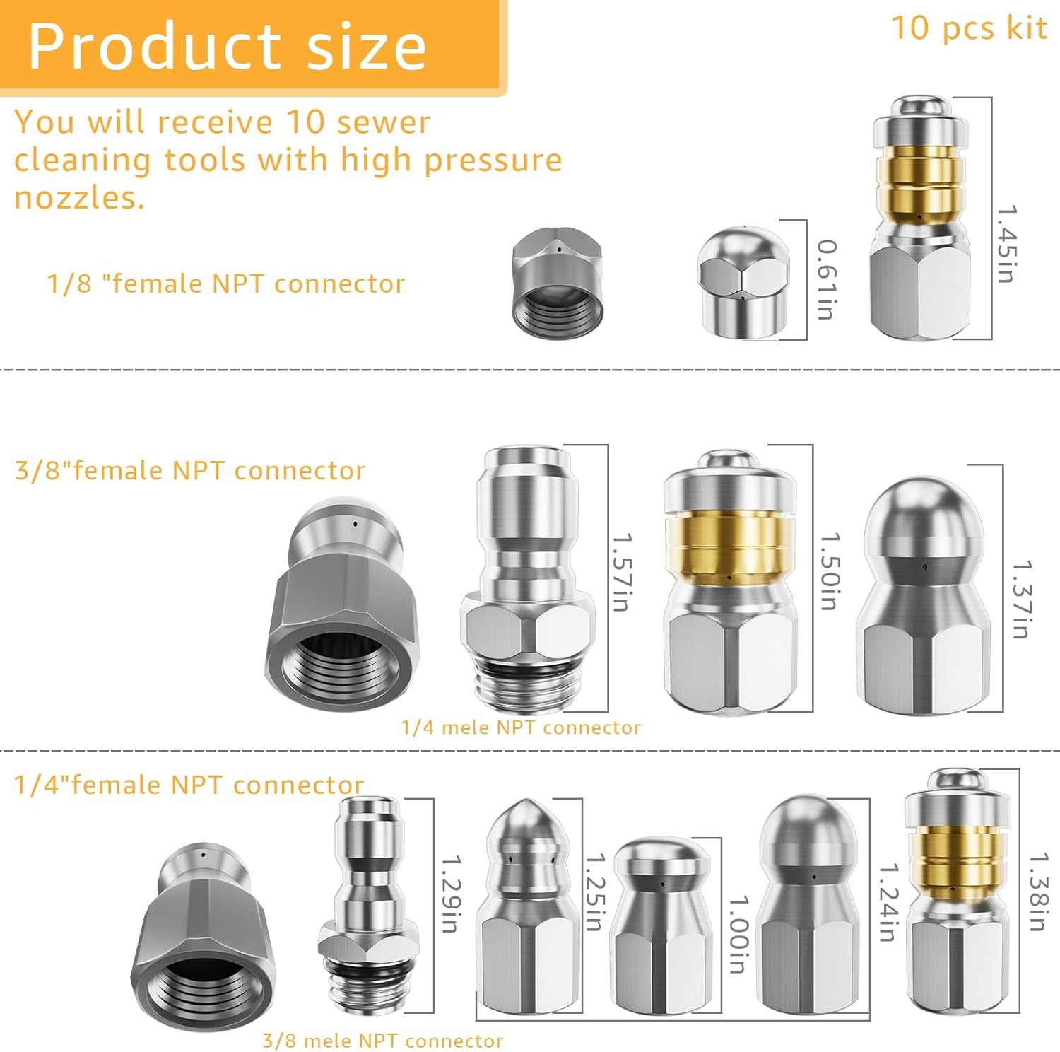 Jetter Heads Kit (Pack of 10) Jetter Nozzle Kit Rotating Button Drain Cleaning Nozzle Tips for Pressure Washer Sewer Jetter Kit Stainless Steel Pressure 5000 PSI