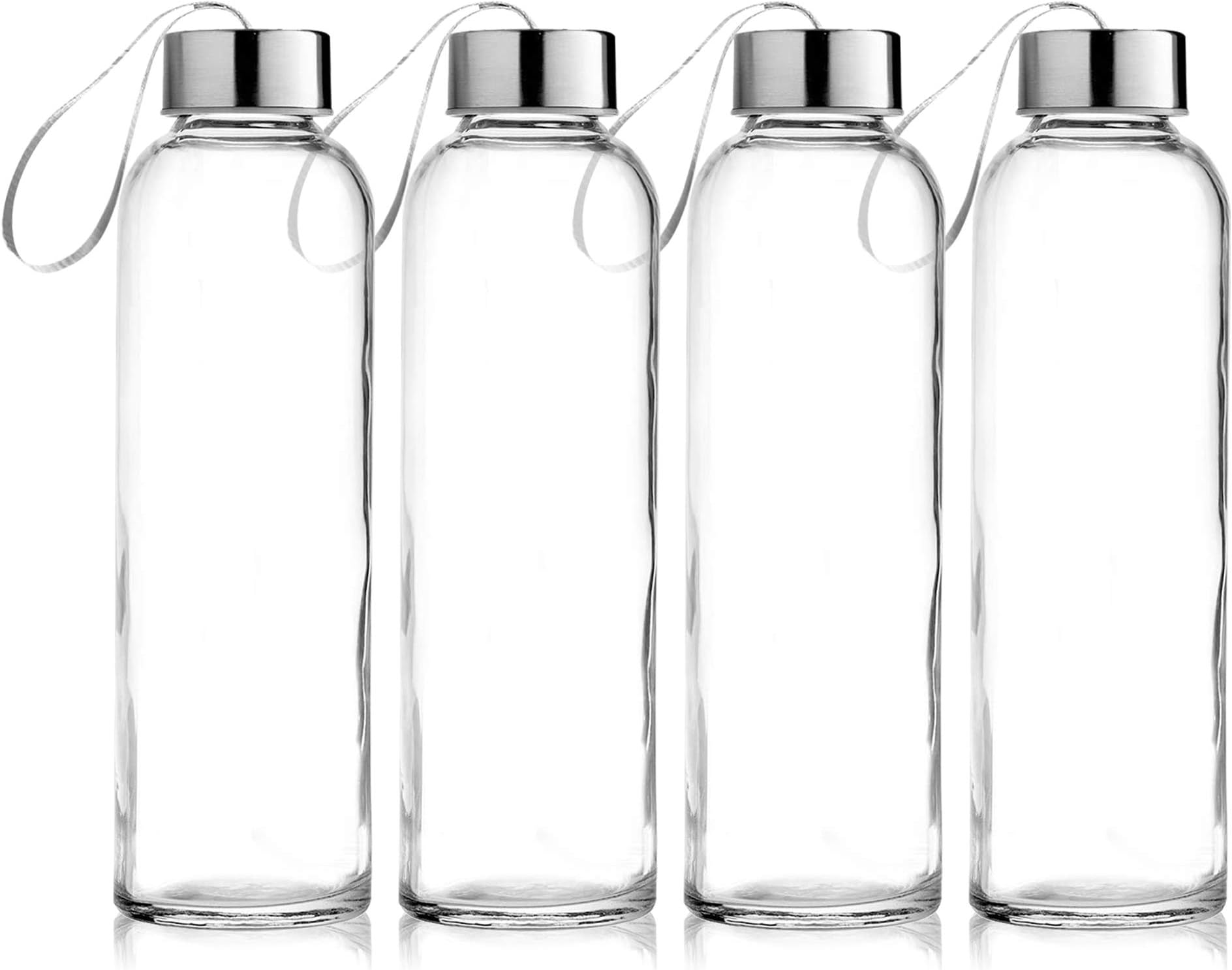 Seacoast - 18 OZ. Glass Bottles, 18/10 Stainless Steel Cap with Easy to Carry Loop (6 Pack, 4 Pack, 2 Pack Available) (4)