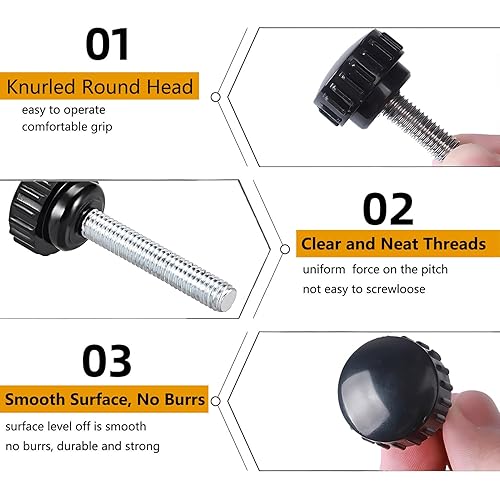 Miniatura 3 de 8 piezas M6 x 0.394 in tornillo de pulgar macho, rosca de acero al carbono, perillas moleteadas, agarre métrico M6 tornillo de pulgar con mango de