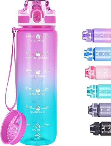 Alwager Botellas de agua motivacionales de 32 onzas con marcador de tiempo y colador de frutas, botella de agua de color degradado transparente con Alwager Botellas de agua motivacionales de 32 onzas con marcador de tiempo y colador de frutas, botella de agua de color degradado transparente con