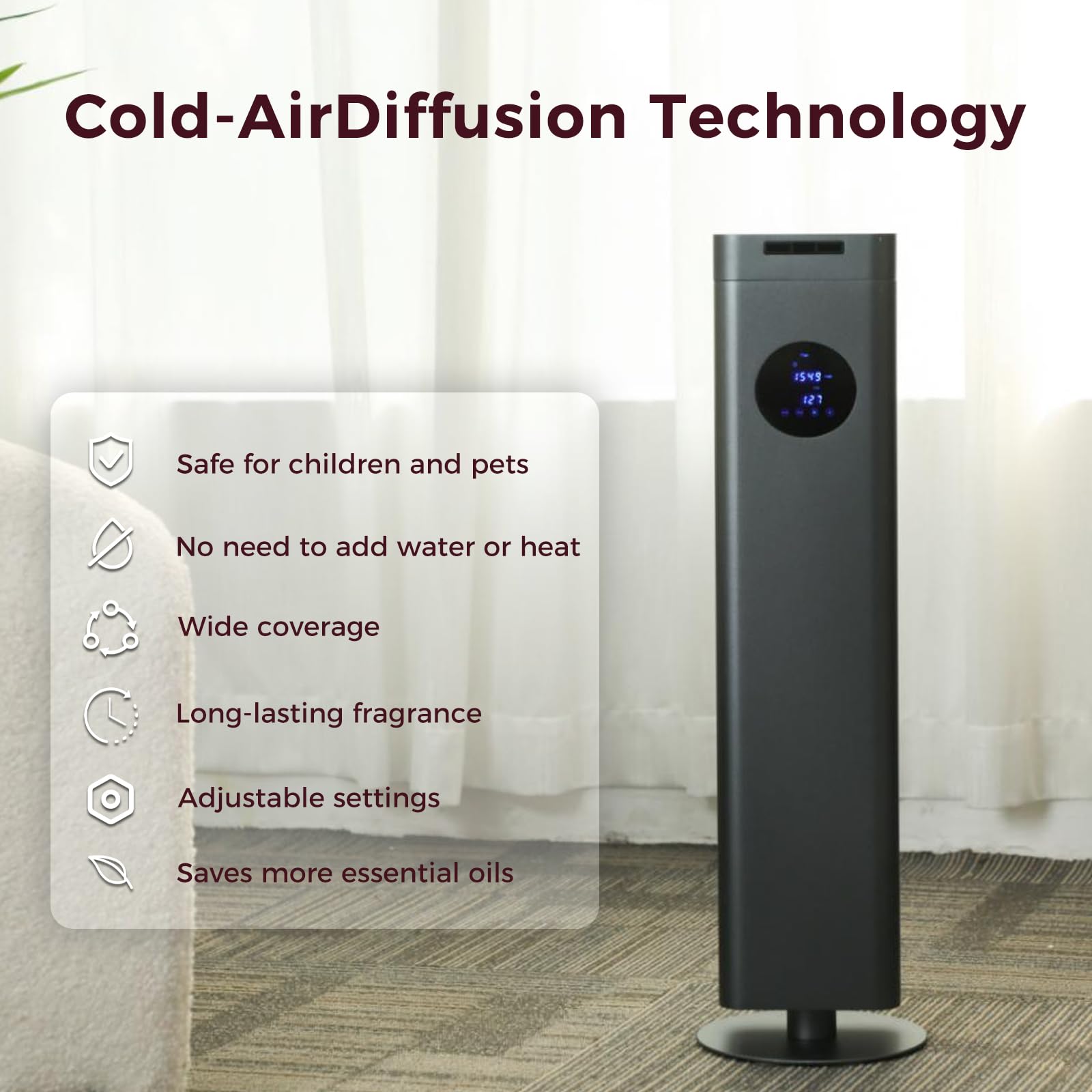 Difusor de aceite esencial de 25 pulgadas para habitación grande, difusor sin agua de 1500 ml, cobertura de 4000 pies cuadrados, tecnología de difusor de aire frío, control táctil y Bluetooth para