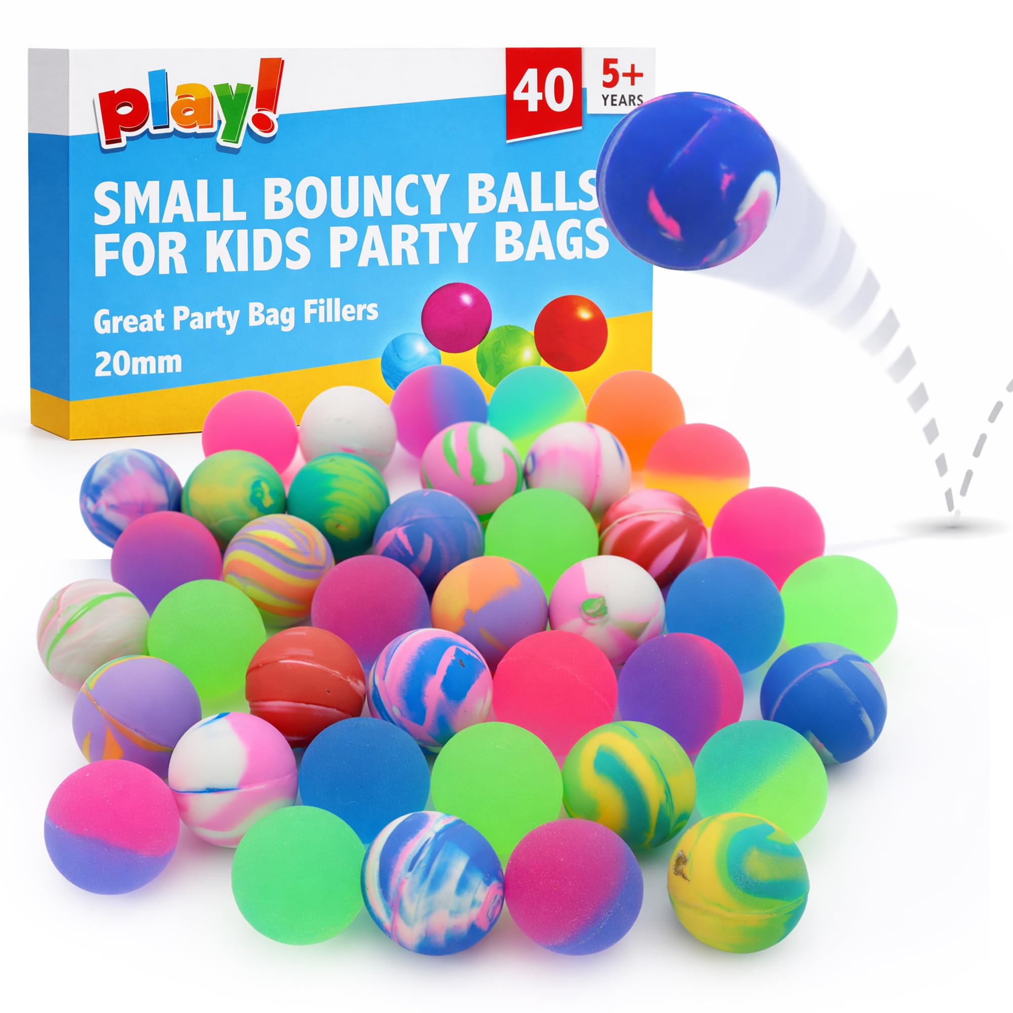 SOL 40pk Small Bouncy Balls for Kids Party Bags 18mm Rubber Ball Bag Fillers Boys Toys - High Bounce Colourful Prizes Unisex Birthday Games - Durable Fun Designs School Rewards - For Ages 5+