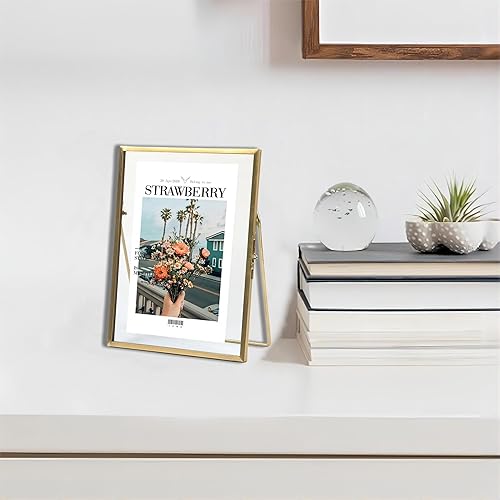 Miniatura 4 de AUNMAS Marcos de fotos flotantes de vidrio prensado, soporte de metal, tira de cobre, marco de fotos de escritorio, marco de flores prensadas para