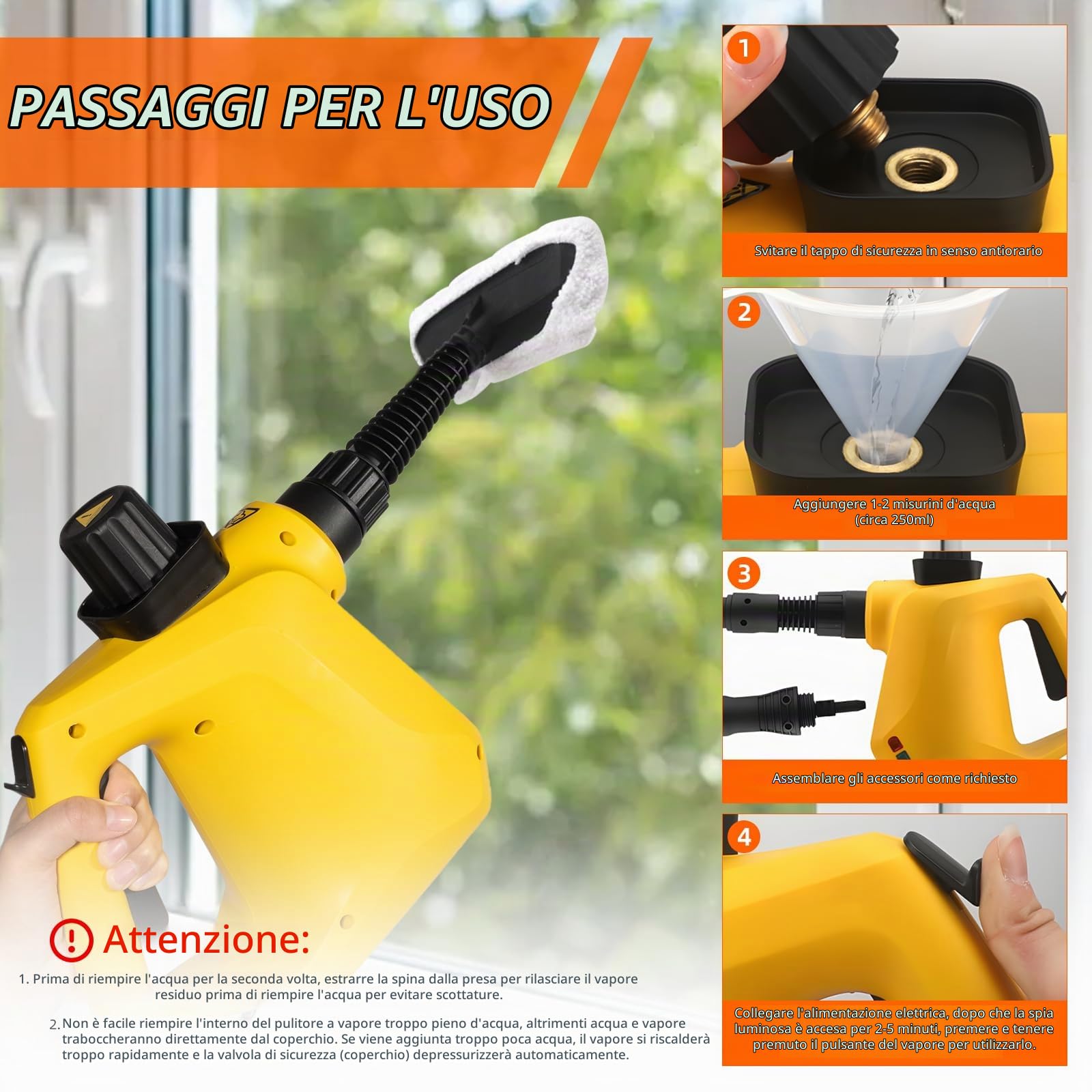 Carehabi Pulitore a Vapore Pulitore Vapore Casa Con 9 Accessori e Blocco Di Sicurezza per Rimuovere le Macchi da Pavimena, Moquette, Tende, Seggiolini Auto, Cucina, Cimici, Bagni e Altro