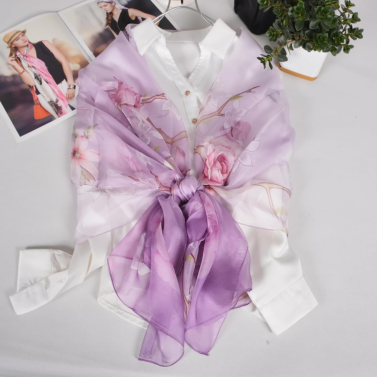 100% Mulberry Silk Women's Neck Silk Scarf-Lightweight Shawl,FLoral Print Beach Silk Wrap-Scarves for Photography - Image 3