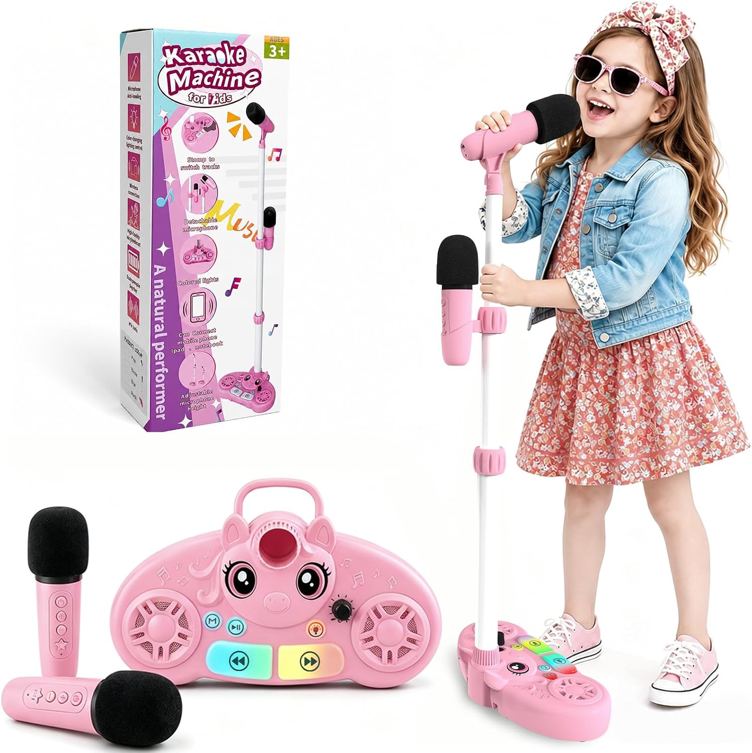 Stand Karaoke Machine for Kids, 2 Wireless Microphones, RGB Lights