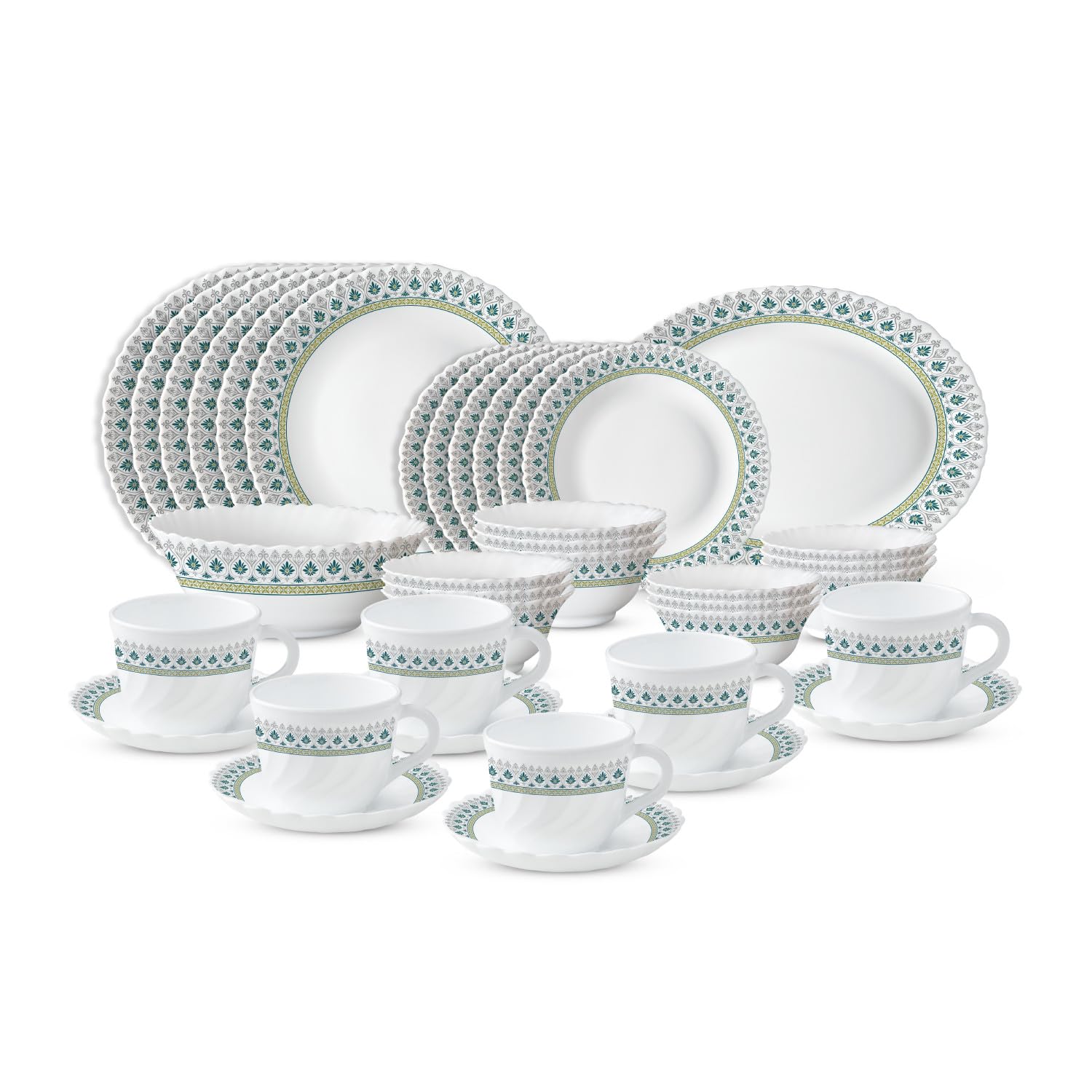 Borosil LARAH PLANO OPAL DINNER SET PERSIA, 38DSPL01-BL, 38 PC SET (6 x Dinner plate, 6 x Side plate, 6 x Soup Bowl, 6 x Bowl, 6 x Cup, 6 x Saucer, 1 x Serving Bowl, 1 x Oval Platter)