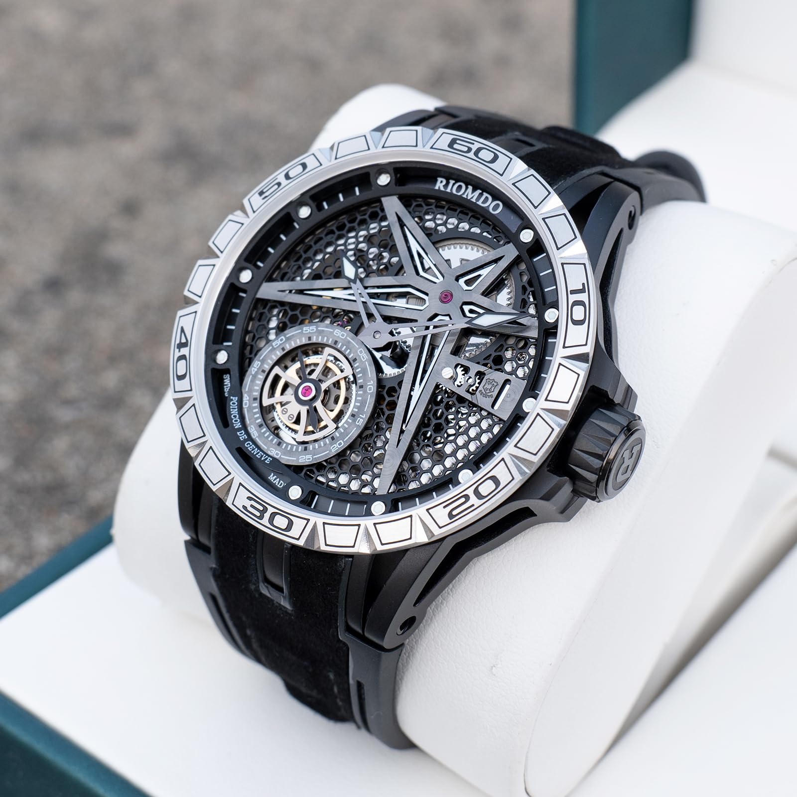OBLVLO Męski 46 mm mechaniczny automatyczny zegarek maszynowy z wydrążoną tarczą 50 m wodoodporny gumowy pasek wojskowy zegarek RD-901