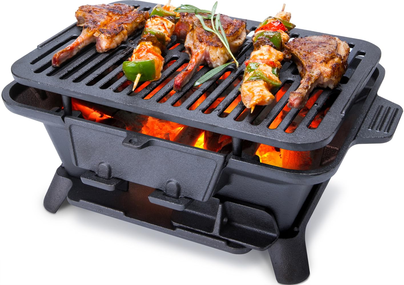 Hibachi Grill Outdoor, Portable Small Charcoal Grills, 100% Cast Iron, Mini Japanese Yakitori Tabletop Skillet Grill Stove for Outdoor Camping - Coal Door, Draft Door, Ideal for 2 People