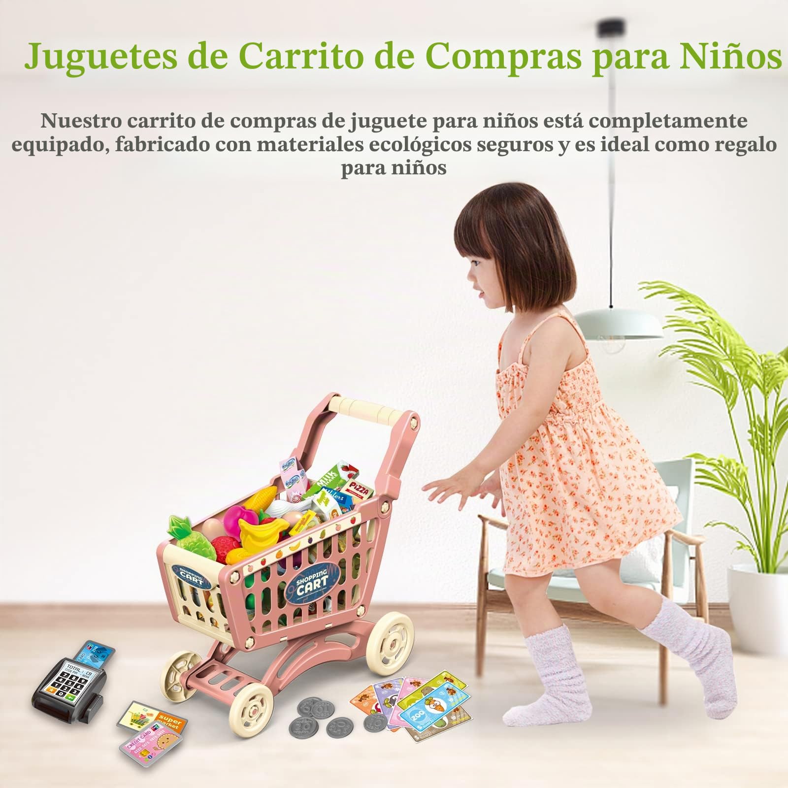 RedCrab Carro Compra Juguetes Infantil, Juego de Accesorios de Tienda de 54 Piezas, Carrito de Compras de Juguete para Regalo Educativo