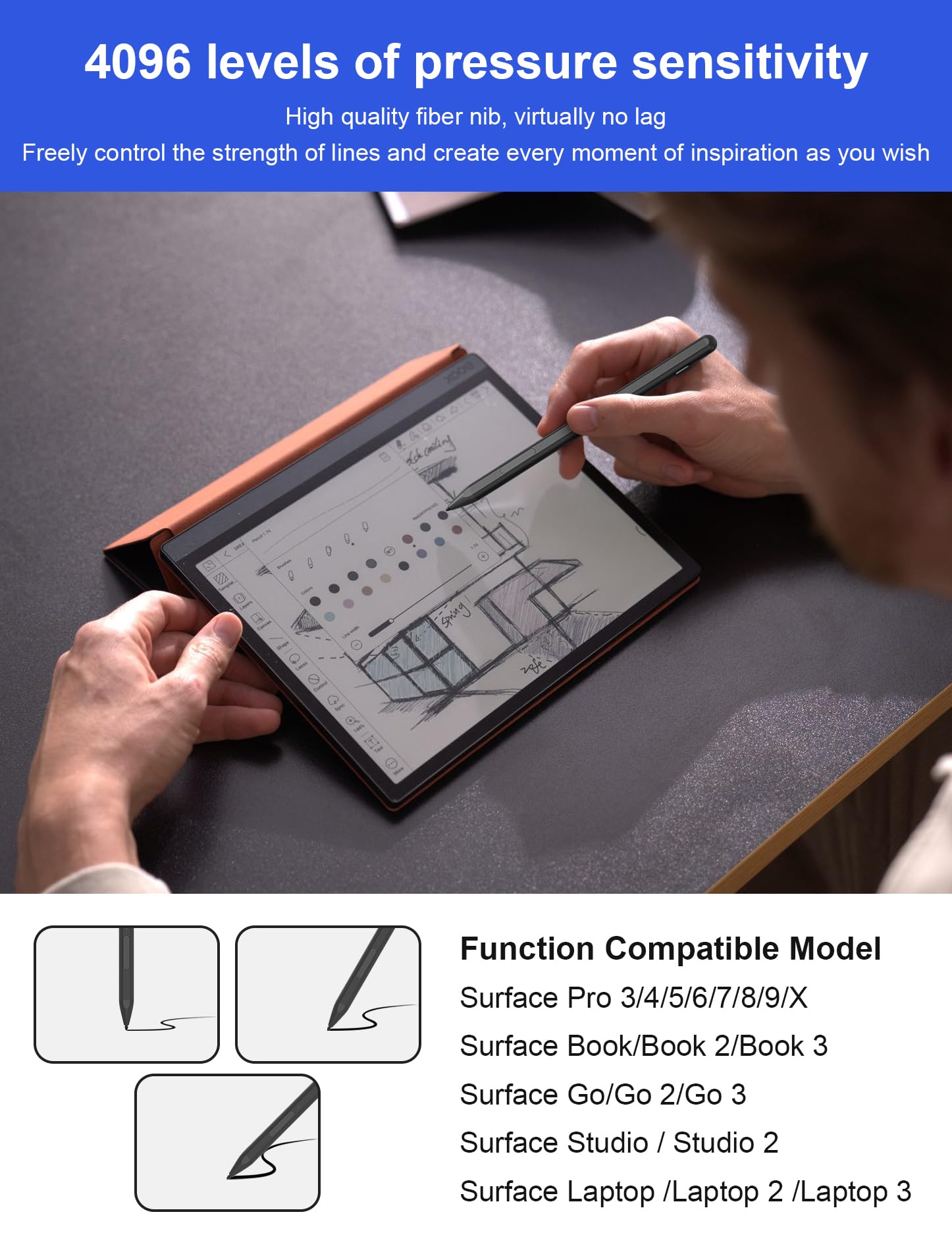 Lápiz Táctil para Surface Pro 12/11/10/9/8/7, Surface Pen con 3 Puntas de Repuesto, Recargable, 4096 Niveles de Presión y Rechazo de Palma, para Surface Laptop 1 a 5, Go, Book, Studio