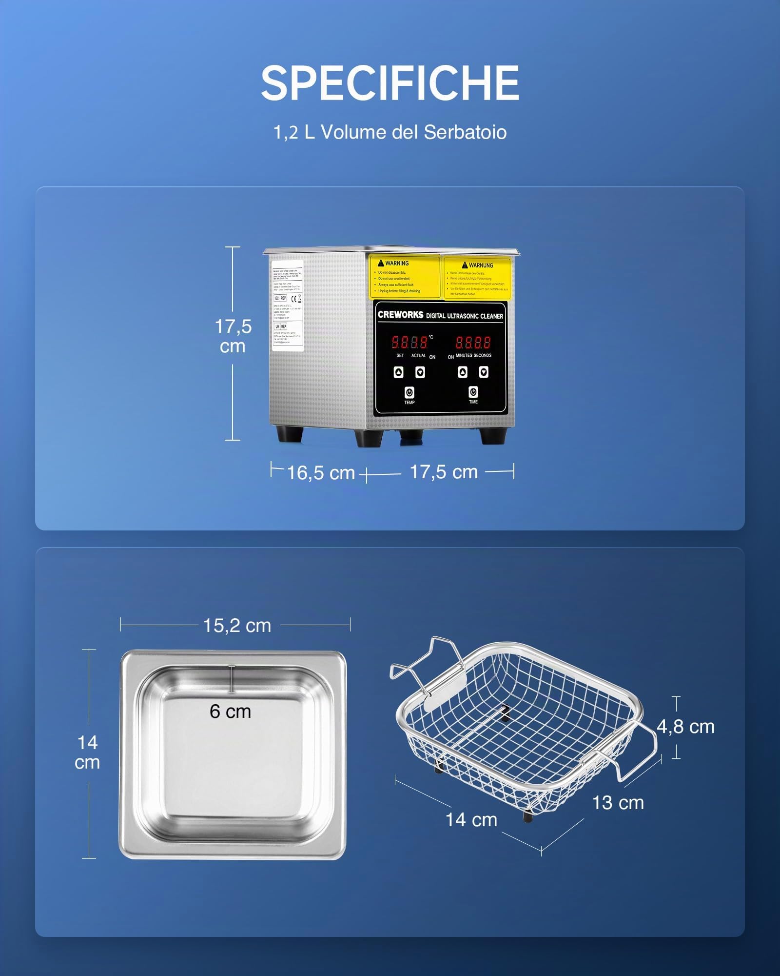 Pulitore Ultrasuoni Industriale 1L 50W Acciaio Inossidabile con Riscaldatore Timer Digitale