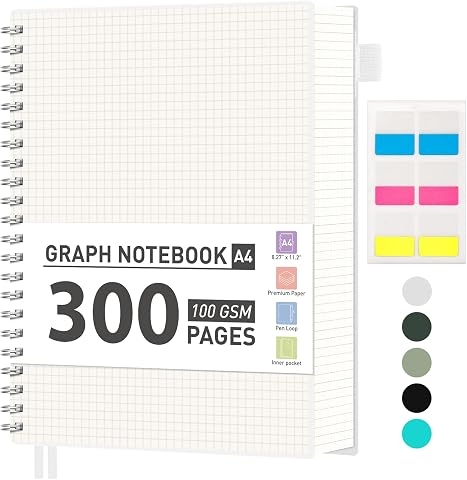 RETTACY Notatnik A4 w kratkę, blok spiralny z 300 stronami/150 kartkami 100gsm do rysowania, okładka twarda z tworzywa PVC, do dziennika, szkoły, konferencji, podróży, 21,5 x 27,9 cm - Przezroczysty