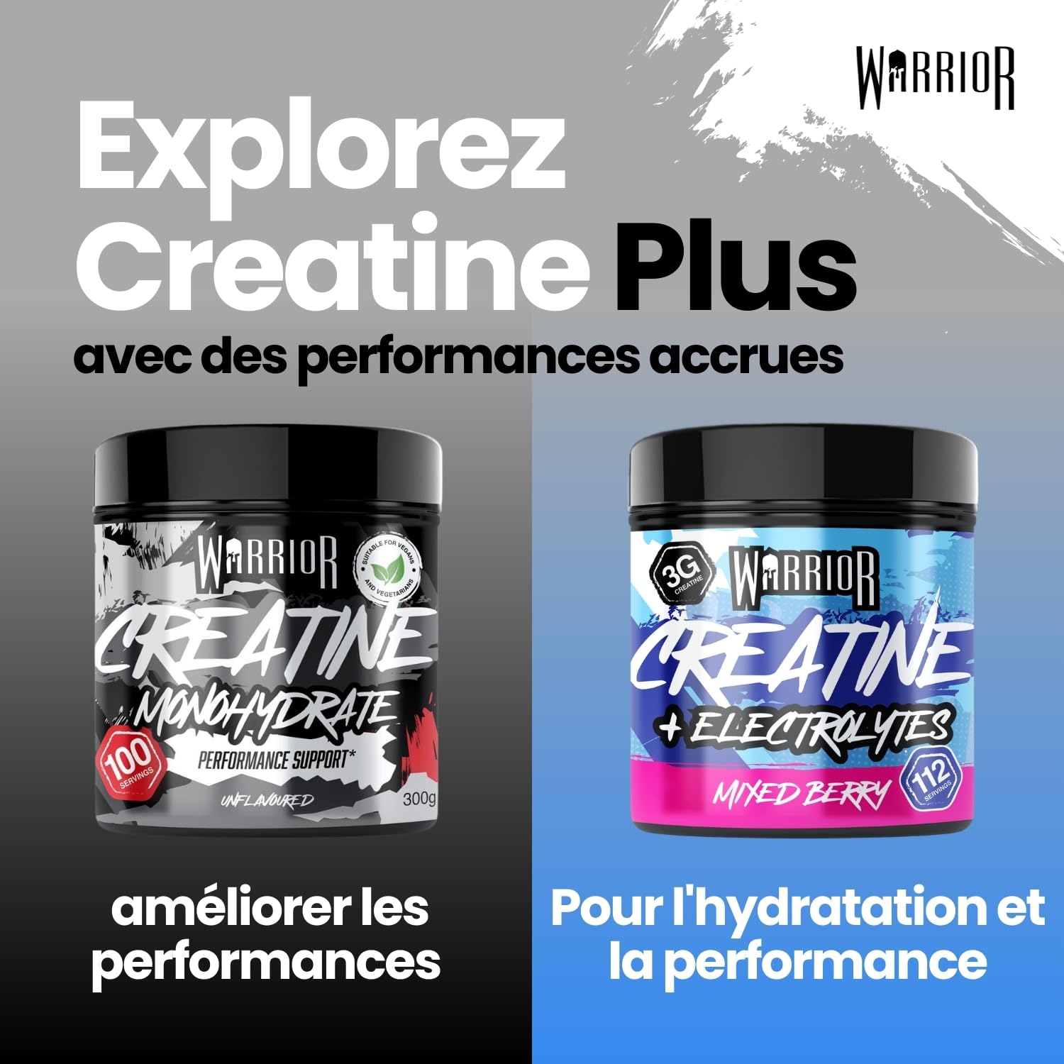Warrior Créatine Monohydrate + Électrolytes Poudre 360 g, 80 Doses – Créatine Poudre avec Électrolytes, Intra Workout Prise de Masse & Hydratation, Sans Sucre – Mélange de Baies