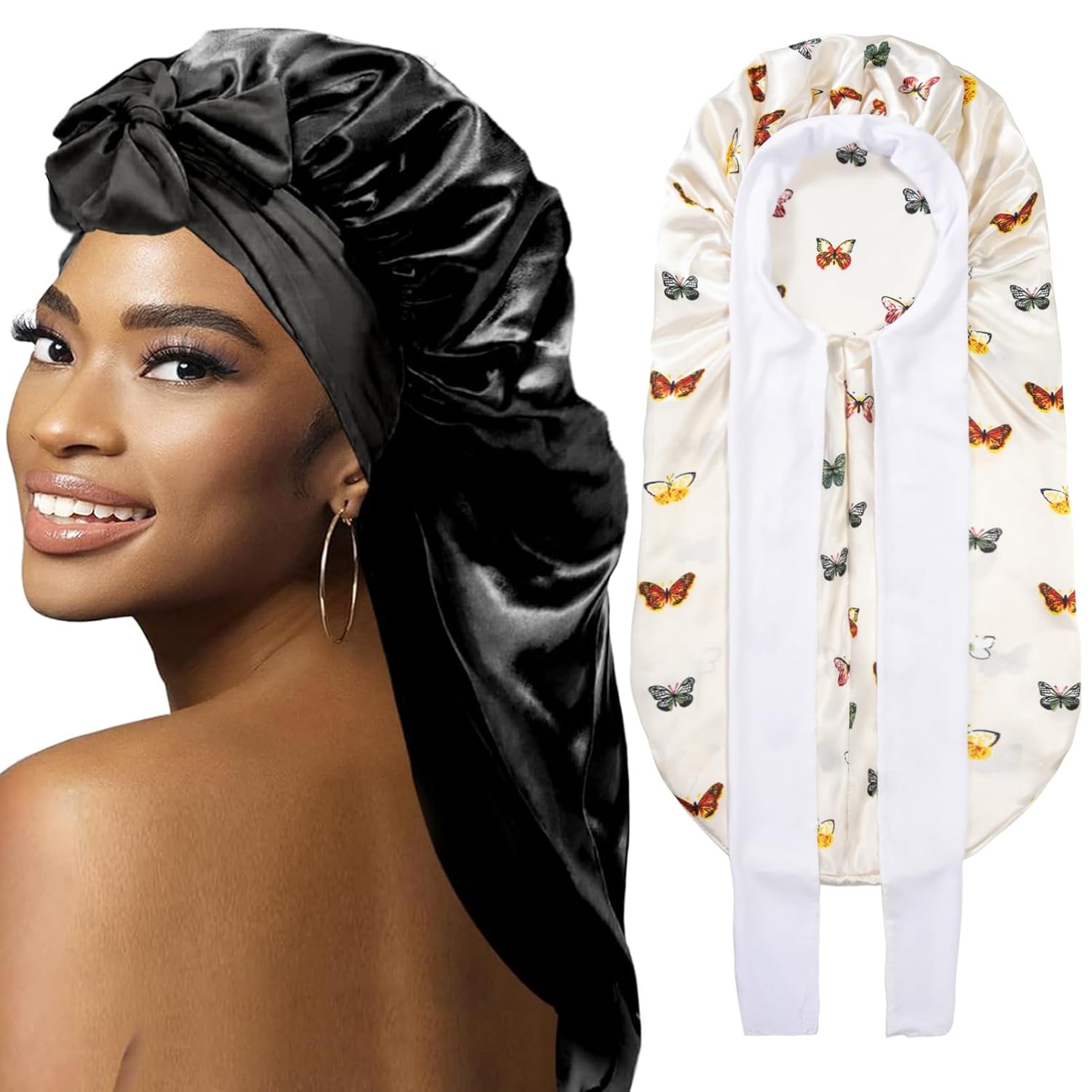 2Pcs Bonnets for Black Women Braid Bonnet, Large Long Satin Bonnet for Braids, Silk Bonnet with Stretchy Tie Band Sleep Cap Hair (2Pcs-Black-Silver Pattern) (2pcs-black-silver Pattern) Thumbnail