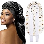 2Pcs Bonnets for Black Women Braid Bonnet, Large Long Satin Bonnet for Braids, Silk Bonnet with Stretchy Tie Band Sleep Cap Hair (2Pcs-Black-Silver Pattern)