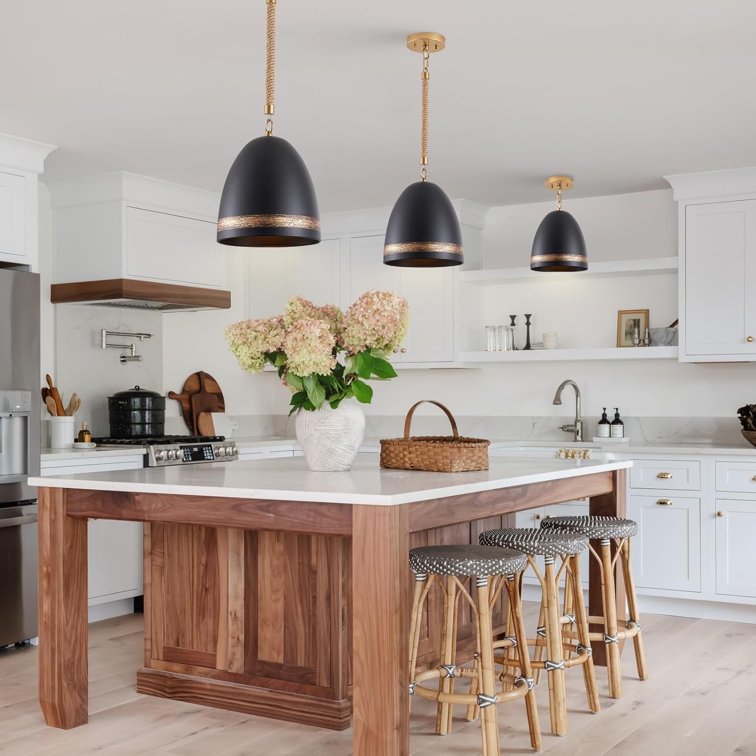 Farmhouse Black Pendant Light for Kitchen Island Adjustable Hemp Rope Chain 10in Large Pendant Light Fixture Dome Metal Lampshade for Kitchen Sink, Dining Room, Foyer, Entryway