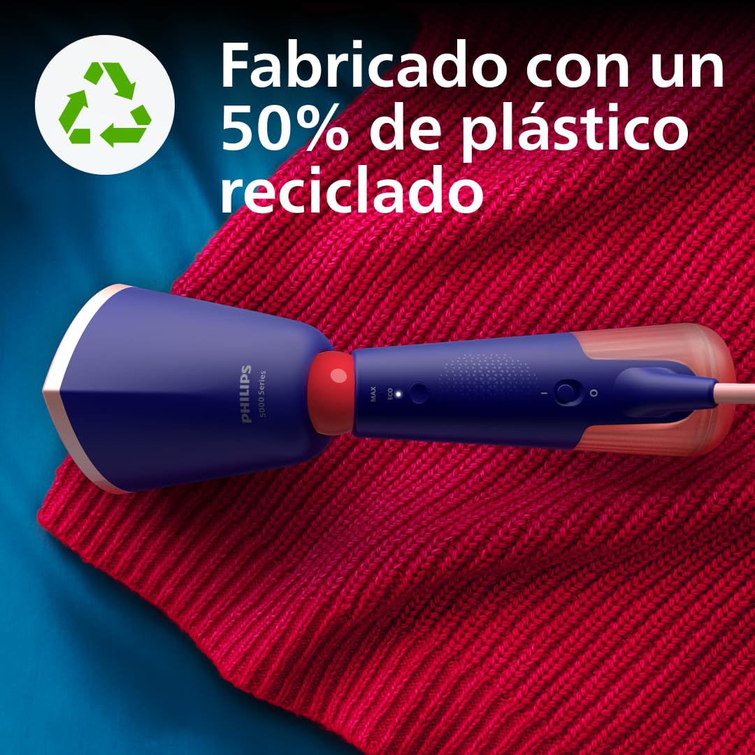 Philips Vaporizador de mano Serie 5000 - Potente 1400 W, Vapor continuo, Dos depósitos de agua, Calentamiento rápido en 35 s, Ajustes Eco y Max, Suela de metal, Azul marino (STH5030/20)