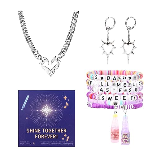 Demon Fashion Jewelry Hunters Gift Set – Demon Beaded Charm Bracelets with Bottle Pendant, Hunters Heart Chain Necklace & Star Hoop Earrings | Trendy Accessories & Creative Gift Idea