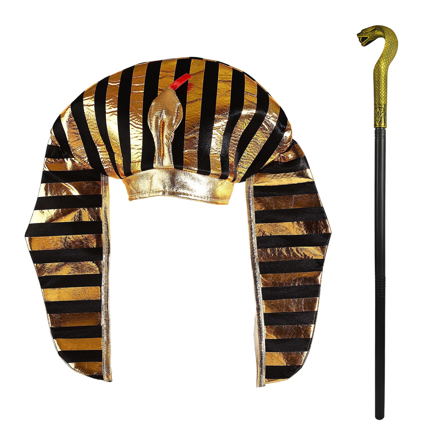 JNAWA 2Pcs Egyptian Pharaoh Hat and Golden Snake Sceptre,Headpiece Staff Pharaoh Accessories Cosplay Prop Fancy Dress Accessory for Halloween Party