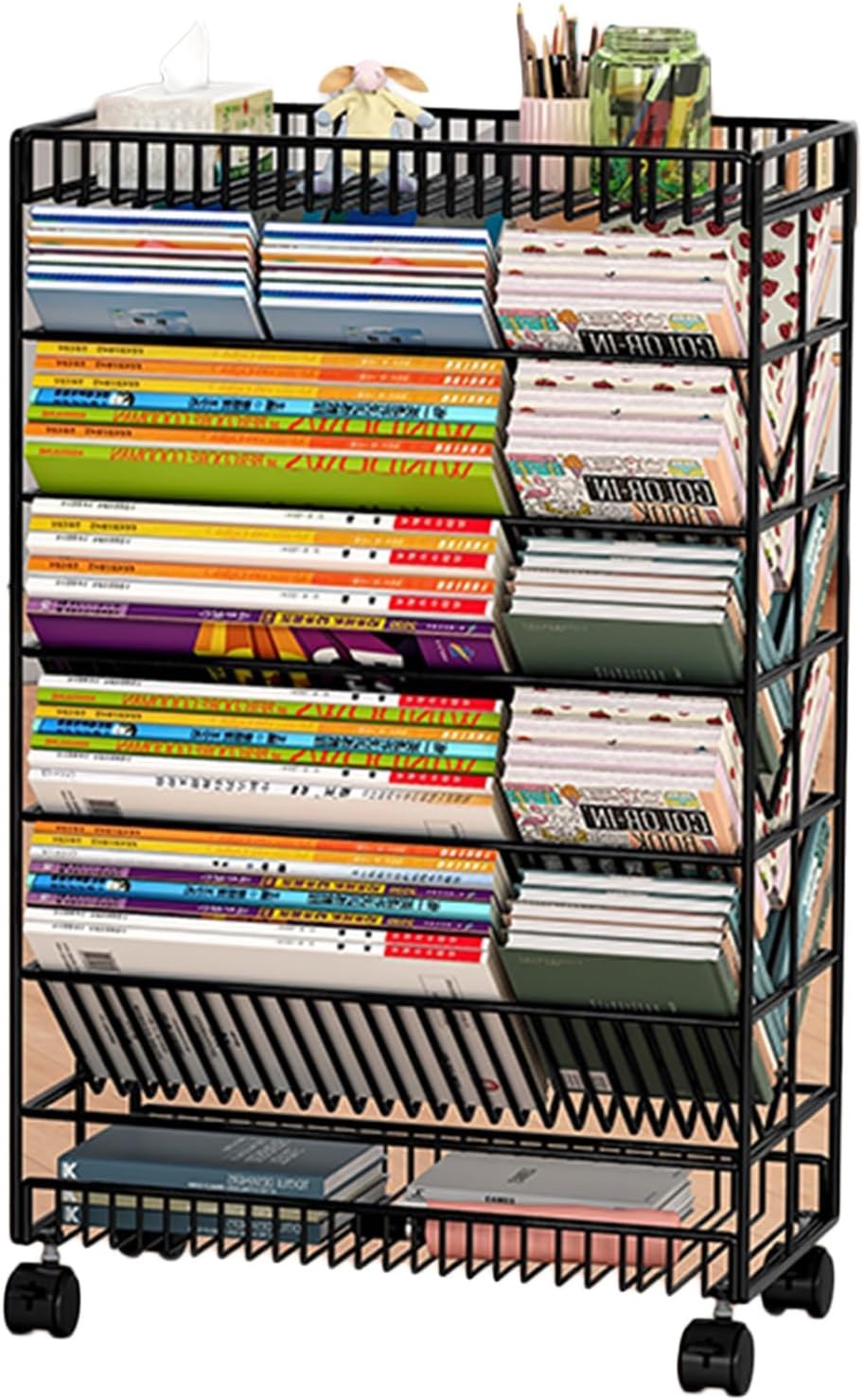 Rolling Book Cart, Movable Bookshelf Organizer, Metal Bookshelf Book Cart with Wheels for Double-Sided Storage, Suitable for Offices, Classrooms, Libraries, and Study Rooms,Black,40x20x75cm