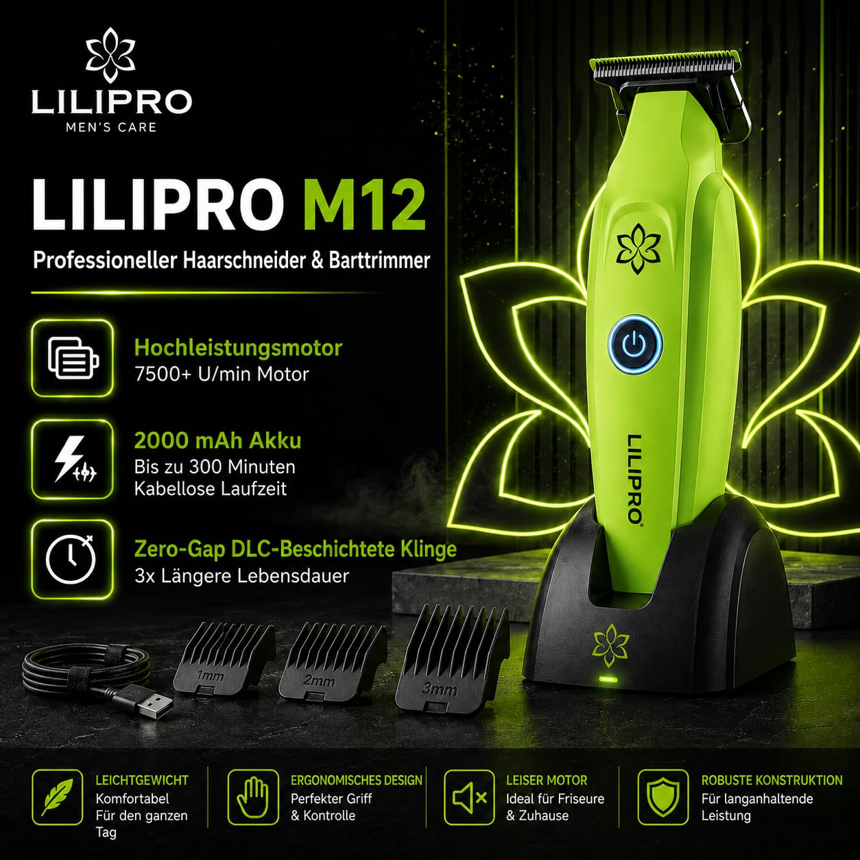 M12 Tagliacapelli Professionale Uomo e Regolabarba | Trimmer Professionale Capelli e Barba con Lama T DLC Zero Gap, 7500+ RPM, Ricarica USB-C, Batteria 2000 mAh, Silenzioso e Preciso
