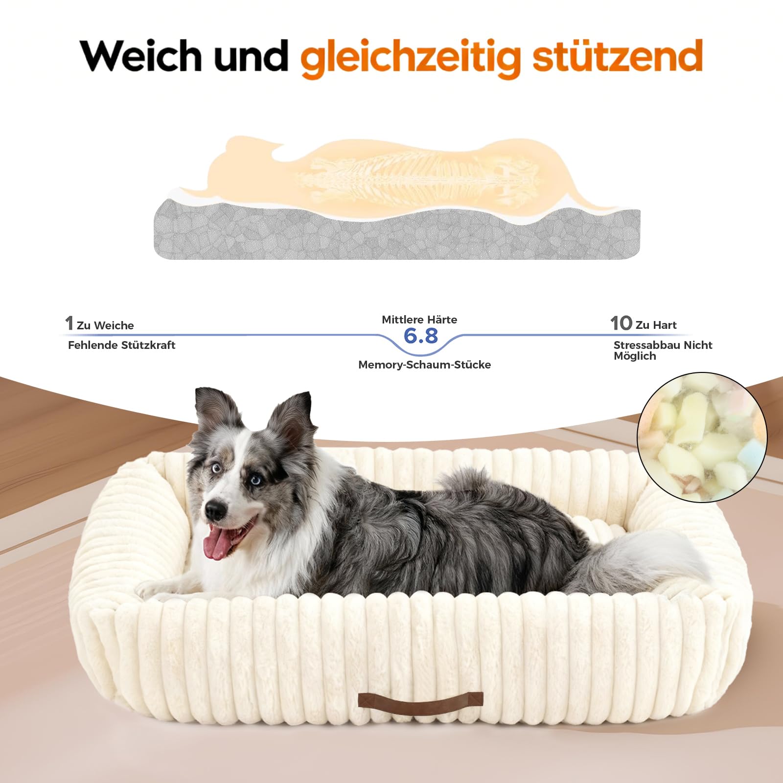 Upvilla Luxusweicher Hundekorb, Katzenbett, Super Weiches Hundebett kleine Hunde, 4-seitiges Nackenkissen, Abnehmbare Waschbare Hundematte, Hundesofa mit Griffen, Haustierbett (Beige, 64 * 53 * 18cm)