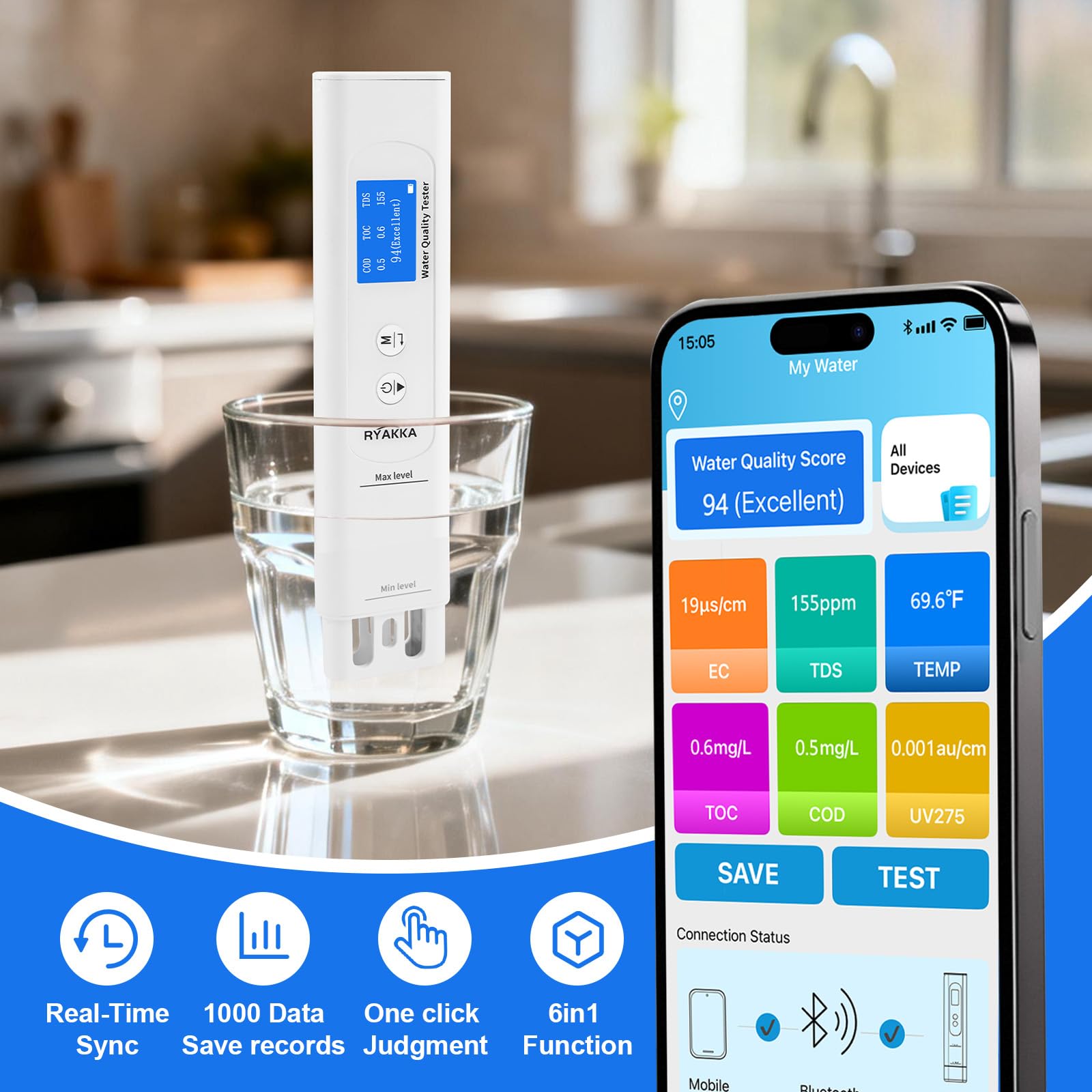 Testeur d’Eau Intelligent 6-en-1 avec App, Analyse TDS/EC/TOC/COD/UV275/Temp, Score 4 Couleurs, Calibration Intelligente, Testeur de Qualité de l'eau Portable pour Filtre, Maison, Camping