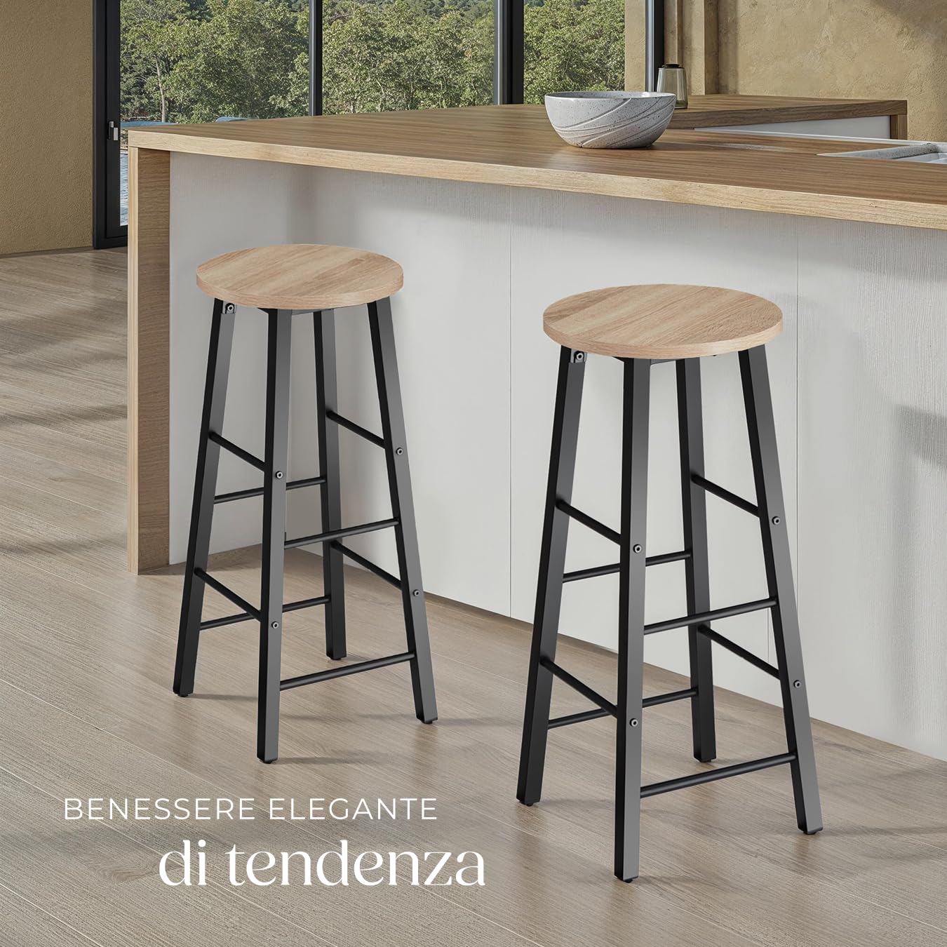 tectake® 2 Sgabelli bar 31x31x72,5cm, Sgabelli cucina stile industriale, Sedie bar con poggiapiedi effetto legno, Arredo Cucina, Sala da pranzo, Ufficio, Hotel, Penisola, Bancone - Legno Chiaro