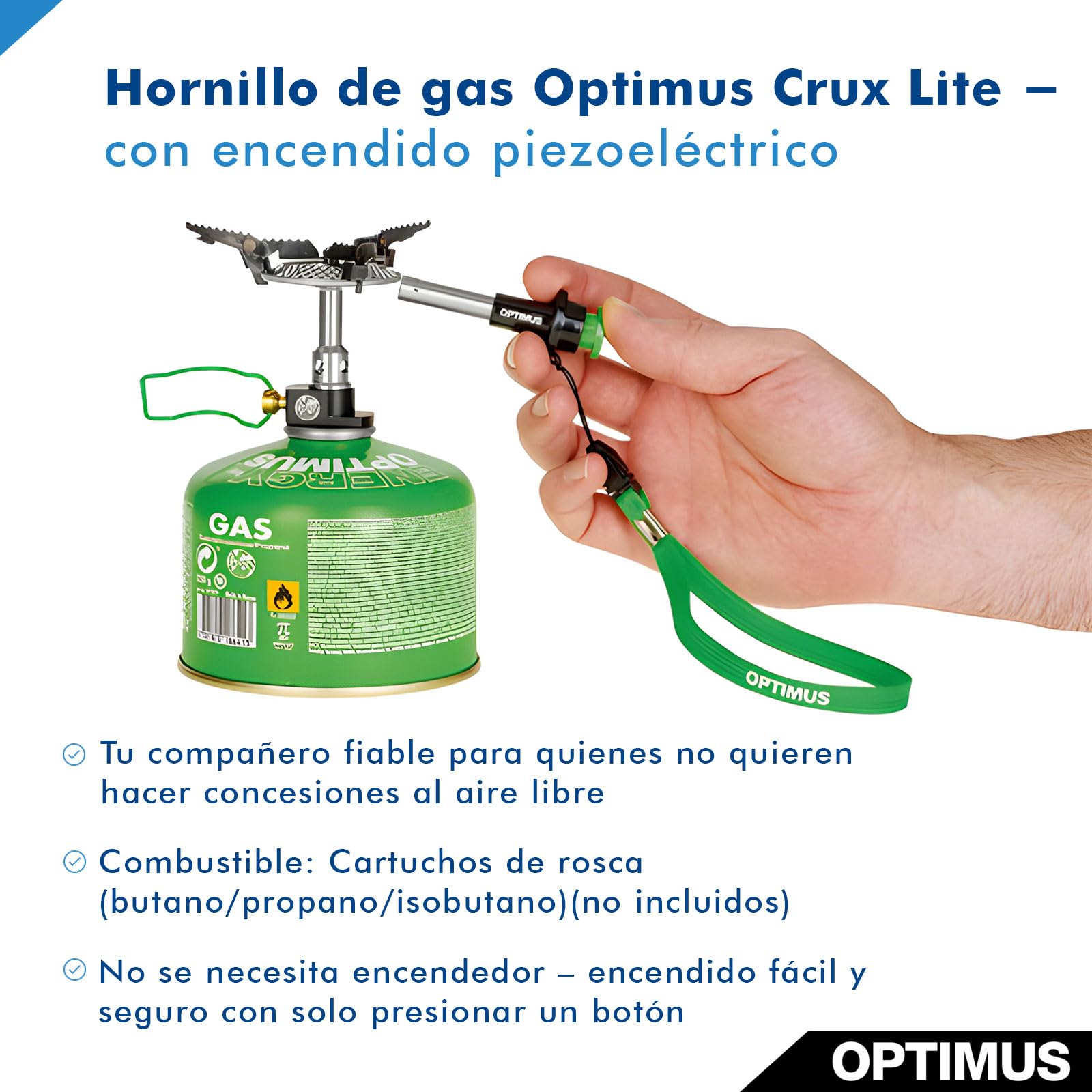 Hornillo de Gas Optimus Crux Lite con Encendido piezoeléctrico para Exterior y Camping – Ultraligero 72 g | Potencia 3000 W | Incluye Encendedor y Bolsa de Transporte
