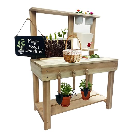 Kids Potting Bench, Garden Station to Grow Your own Vegetables, Plants and Flowers, Wooden Toy Gardening Center with Sink & Faucet, Blackboard, Garden Accessories, Storage Shelf