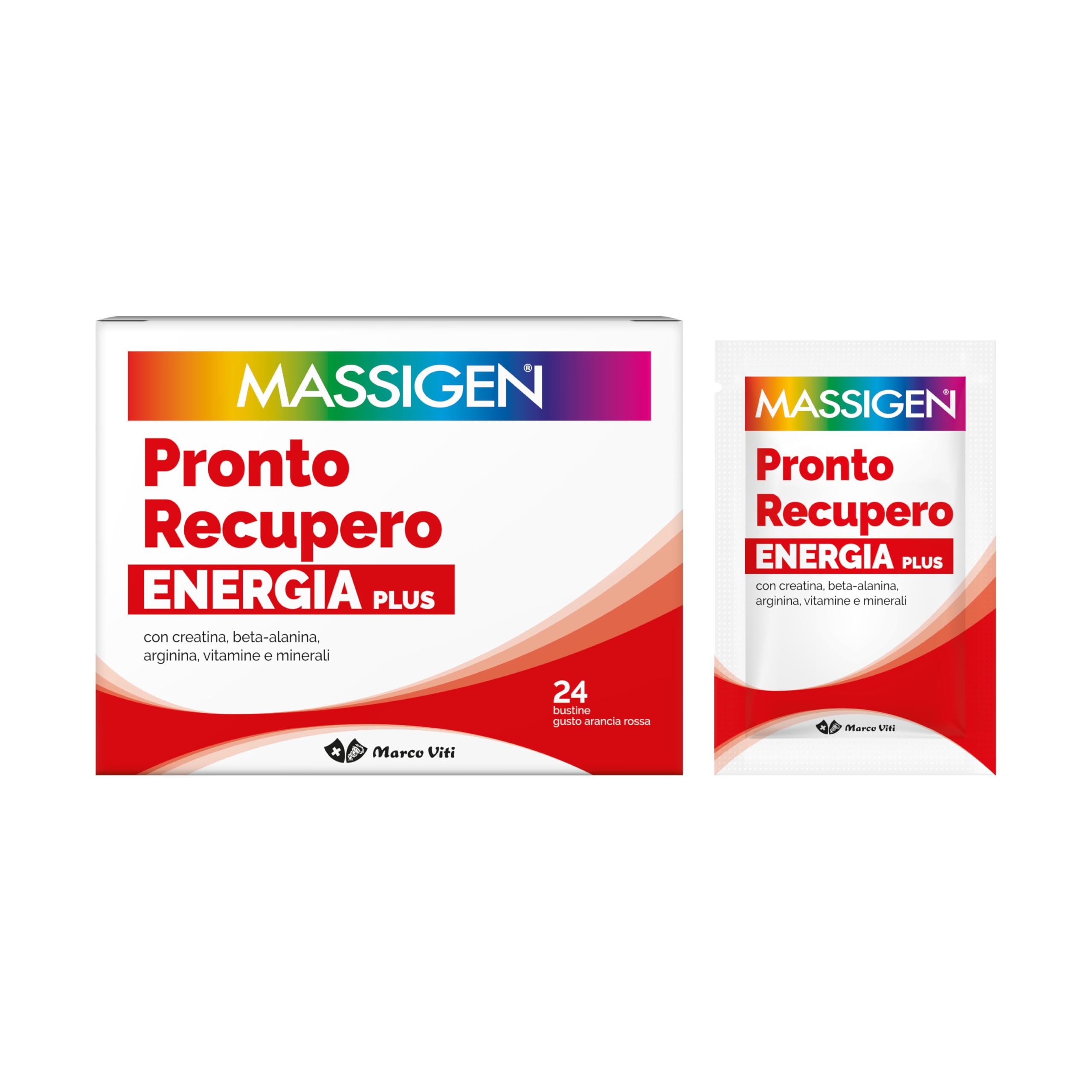 Massigen - Pronto Recupero Energia Plus, Integratore Tonico Energetico con Creatina, Arginina, Beta-​Alanina, Vitamine e Minerali, 24 Bustine da 8 g, Gusto Arancia Rossa