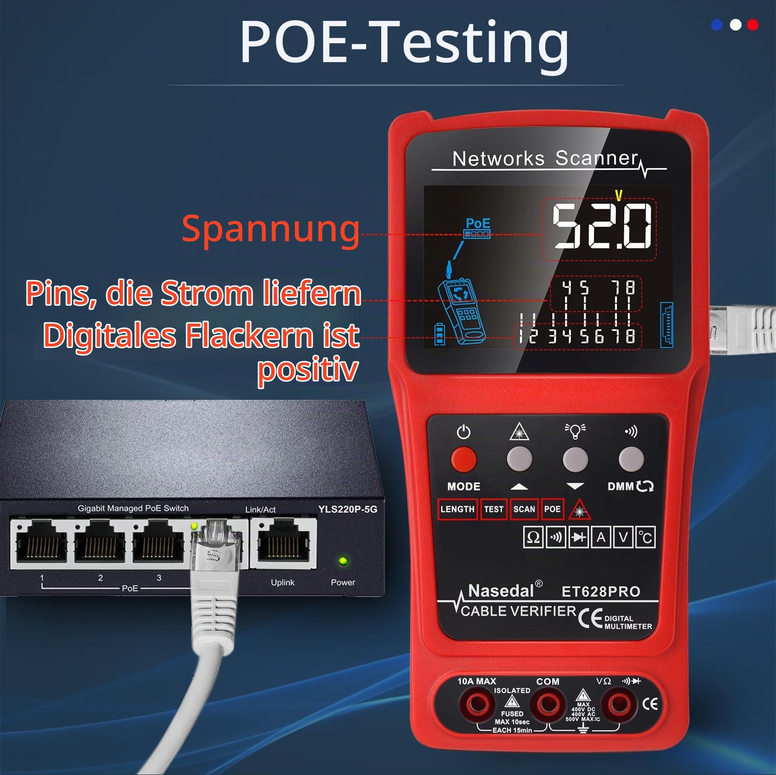 Network Cable Tester Wire Tracker Tone Generator Ethernet Tester Multimeter VFL 3-in-1 RJ45 CAT5 CAT6 CAT7 CAT8 RJ11 Tone BNC Tester PoE Test Cable Length Cable Mapping Test Port Flashng 3 pcs Remote