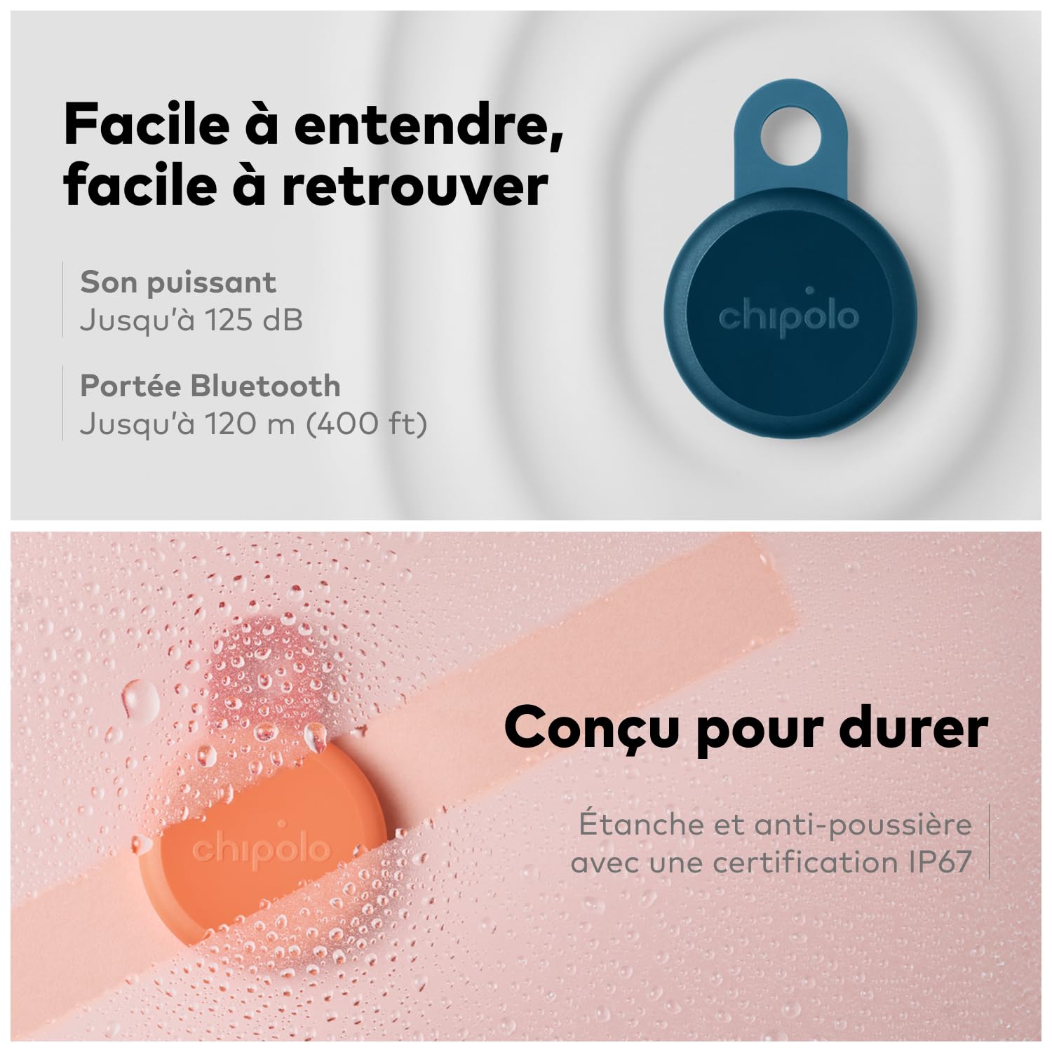 Chipolo LOOP - Tracker Bluetooth rechargeable pour clés et sacs, compatible Apple Localiser ou Google, Fais sonner ton téléphone & alertes hors portée Android