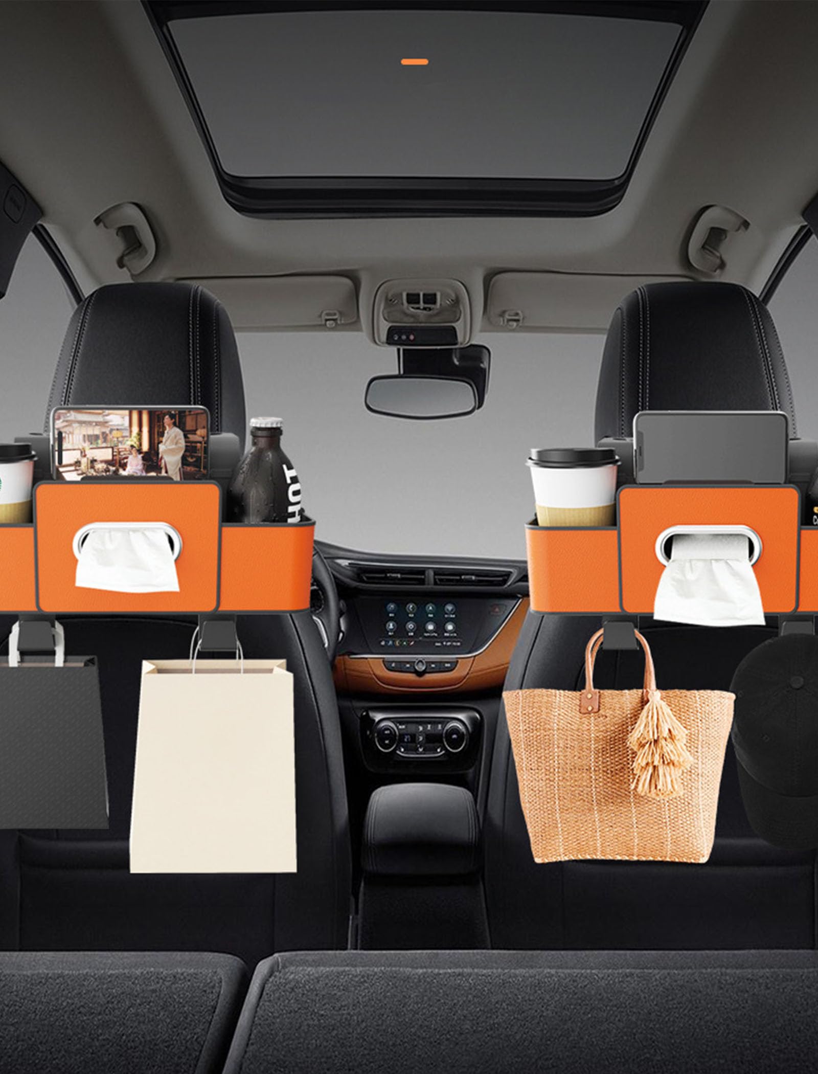 Car Multifunctional Seat Back Waterproof Storage Bag, Universal Headrest Hanging Seat Back Storage & Tissue Box, Automotive Backseat Snack Organizer Cup Holder Tray for Most Vehicle (Black)